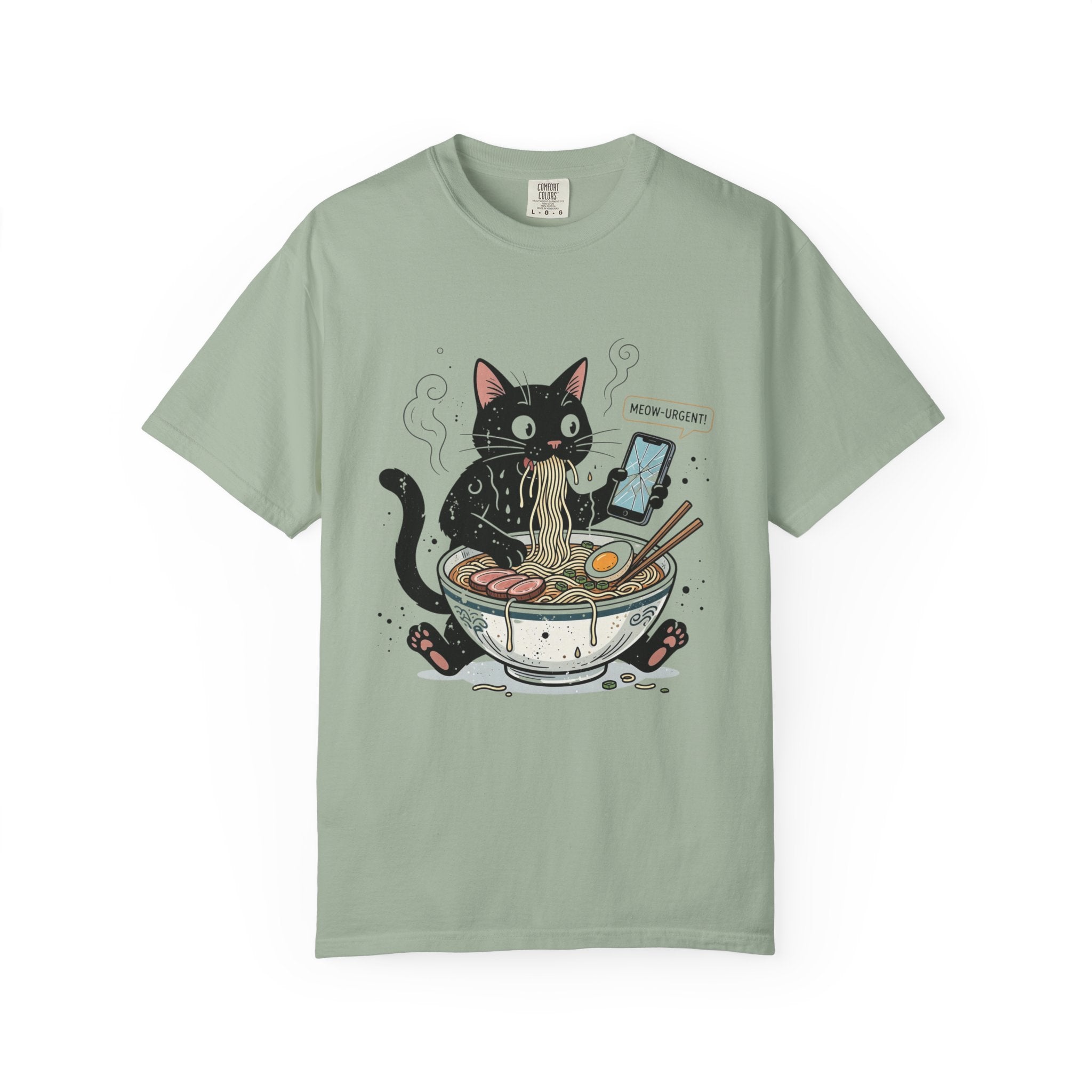 Startled Black Cat Eating Ramen T-Shirt — "MEOW-URGENT!"