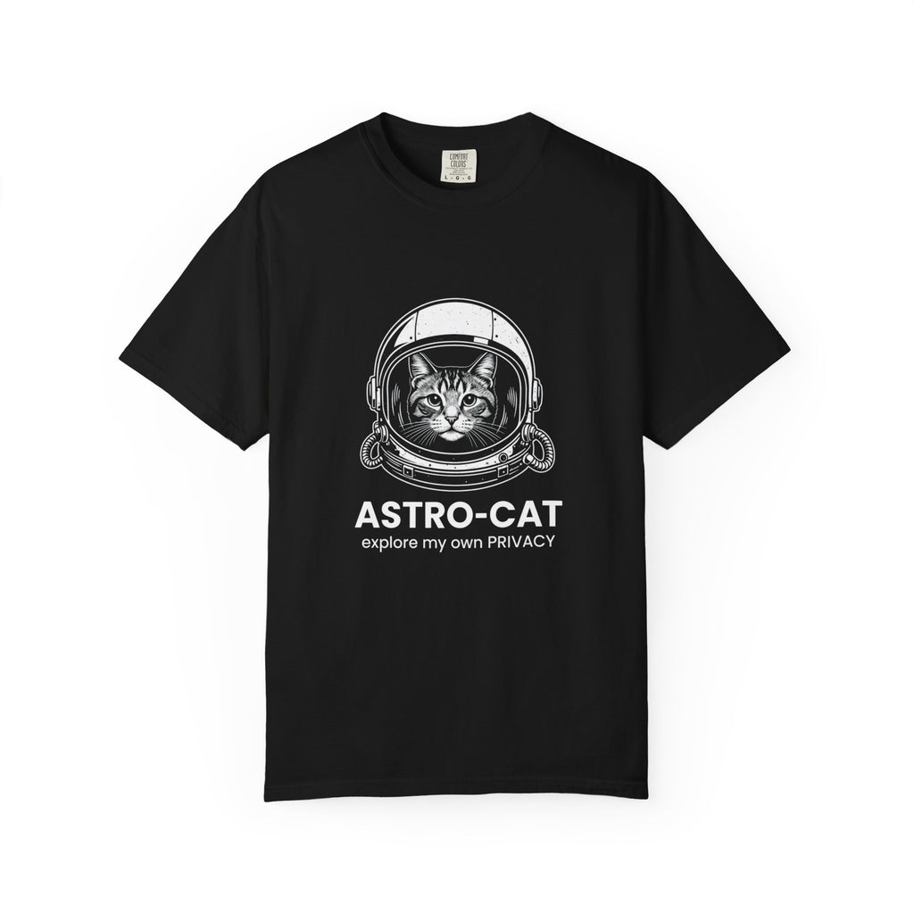 Astro-Cat Tabby Helmet T-Shirt — "explore my own PRIVACY" Retro Space Tee