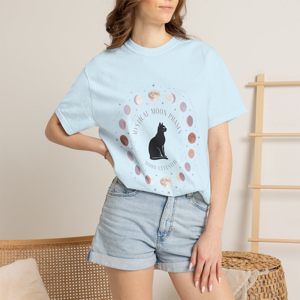 Mystical Moon Phases Boho Celestial T-Shirt — Black Cat Moon Phase Design