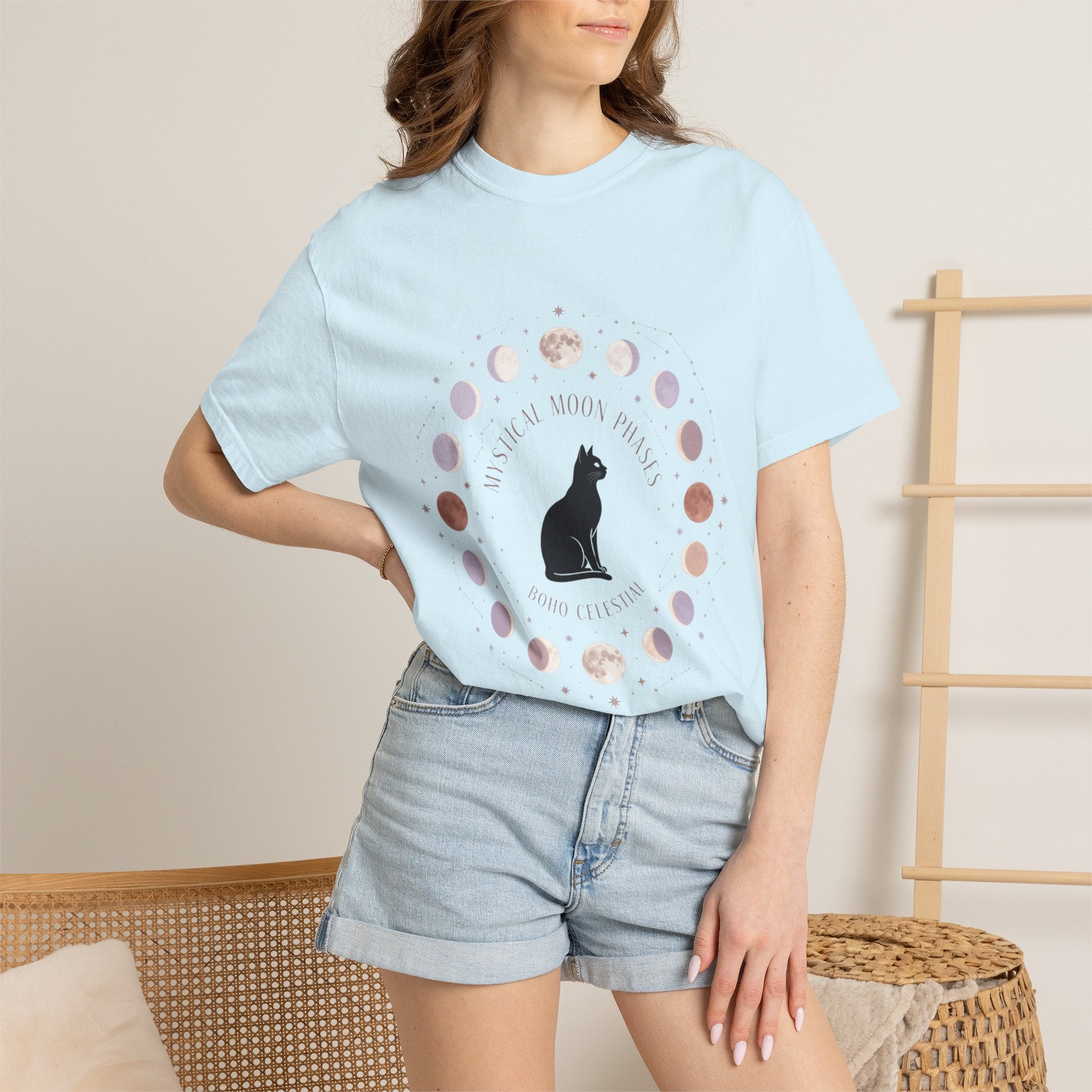 Mystical Moon Phases Boho Celestial T-Shirt — Black Cat Moon Phase Design