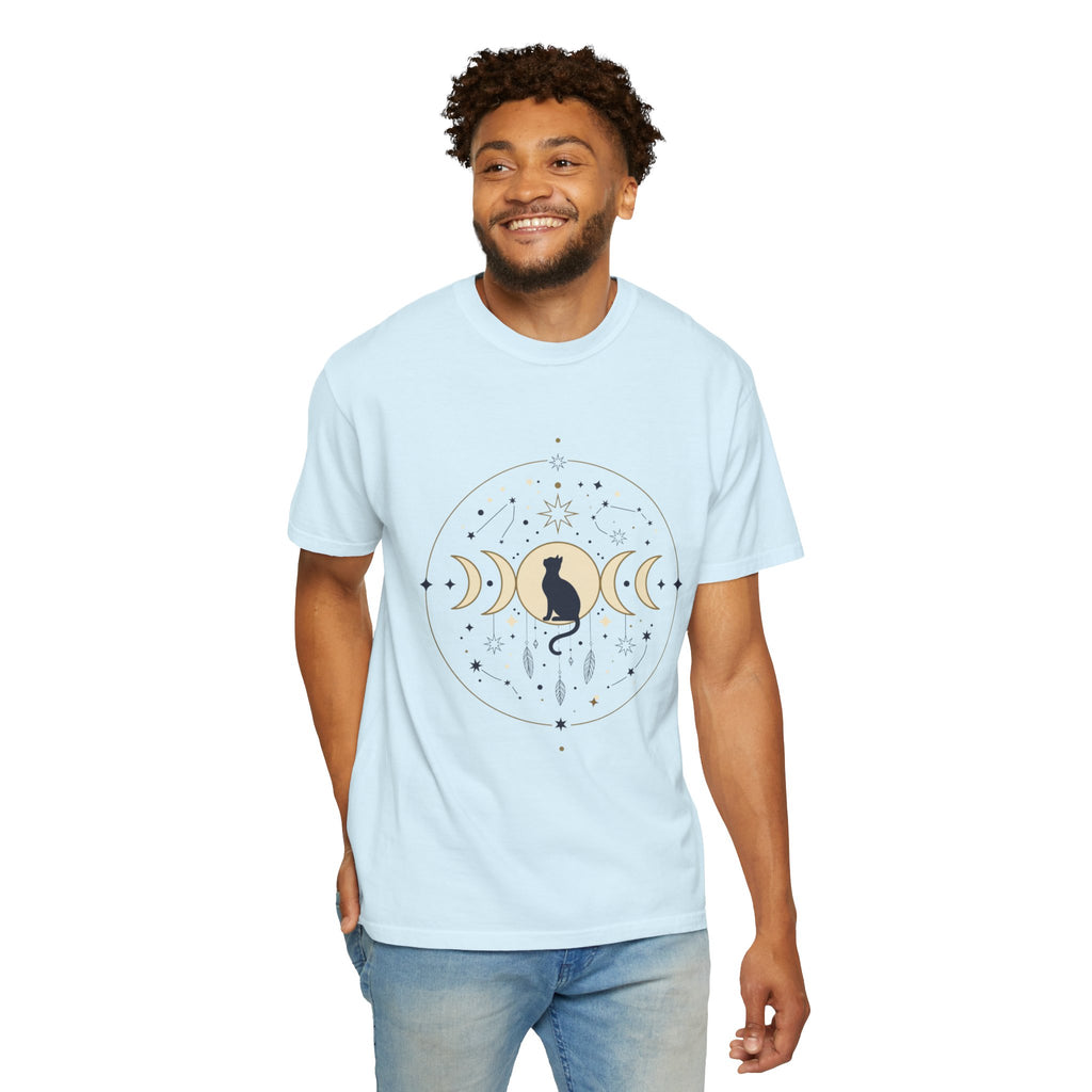 Celestial Cat Moon Phases T-Shirt — Gold & Black Cat Astronomy Tee