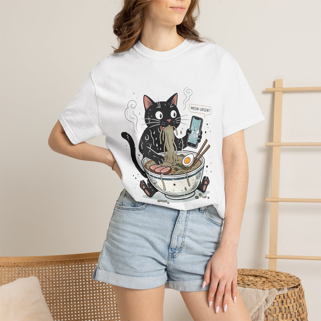 Startled Black Cat Eating Ramen T-Shirt — "MEOW-URGENT!"