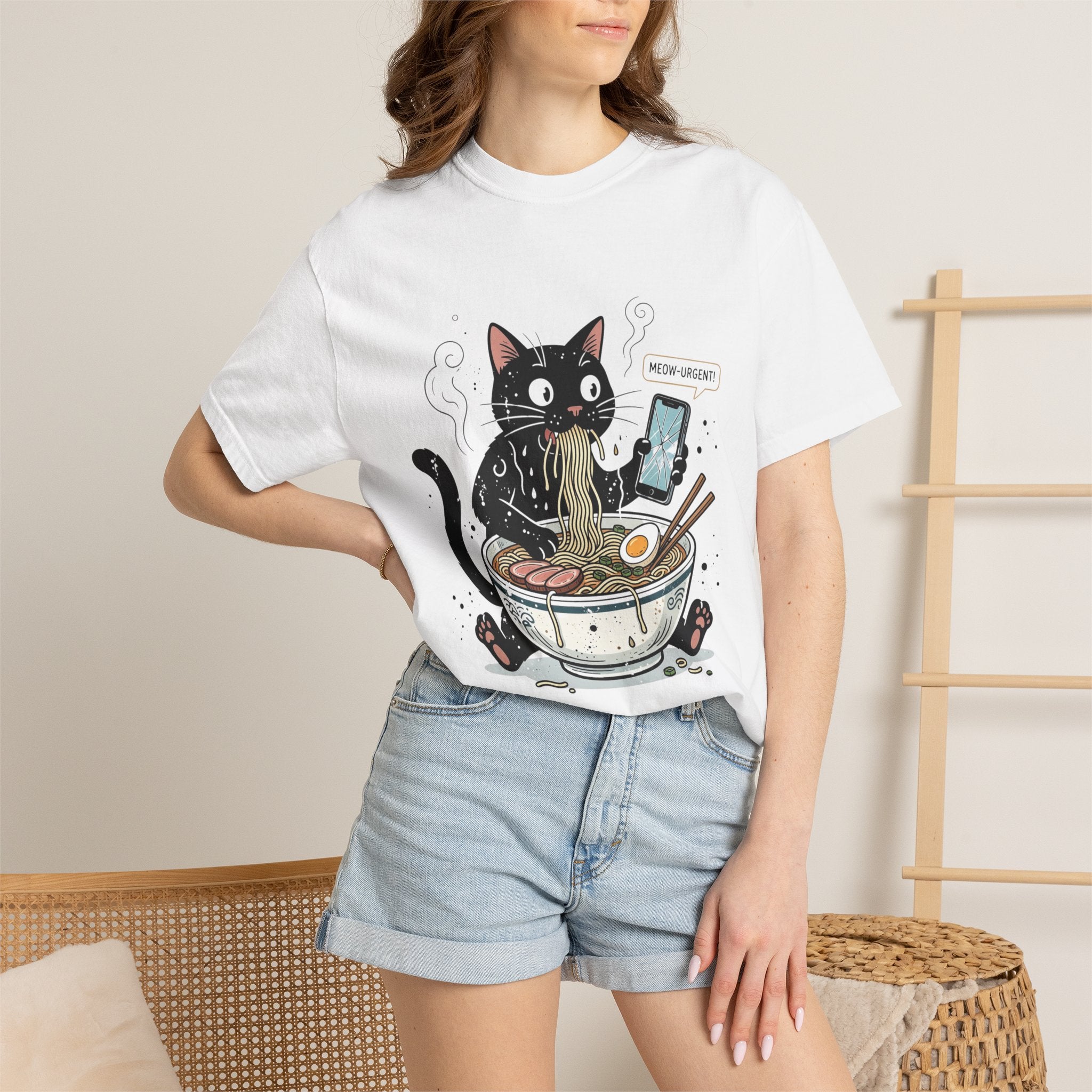 Startled Black Cat Eating Ramen T-Shirt — "MEOW-URGENT!"