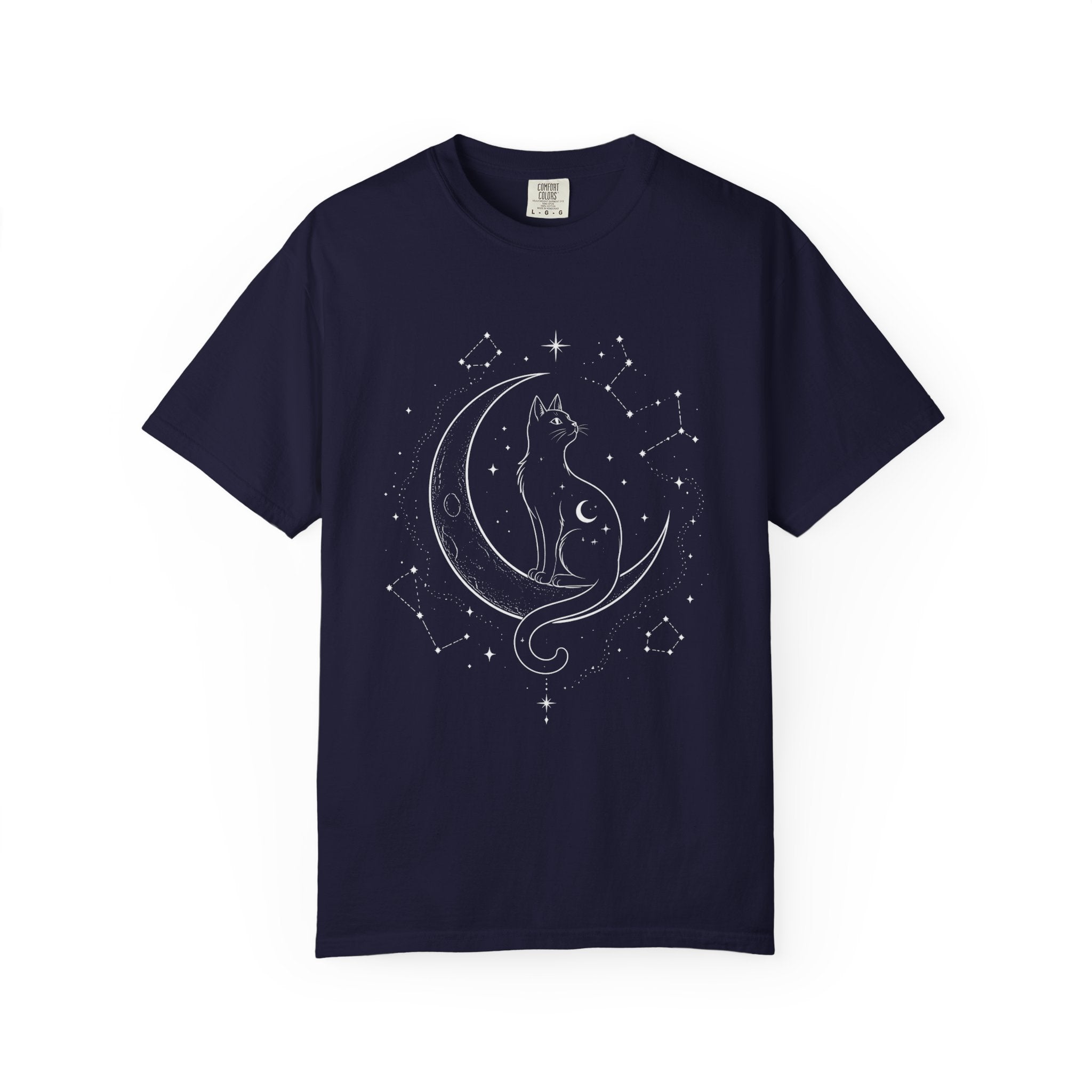 Mystical Crescent Moon Cat T-Shirt — Celestial Black Cat Night Sky Design