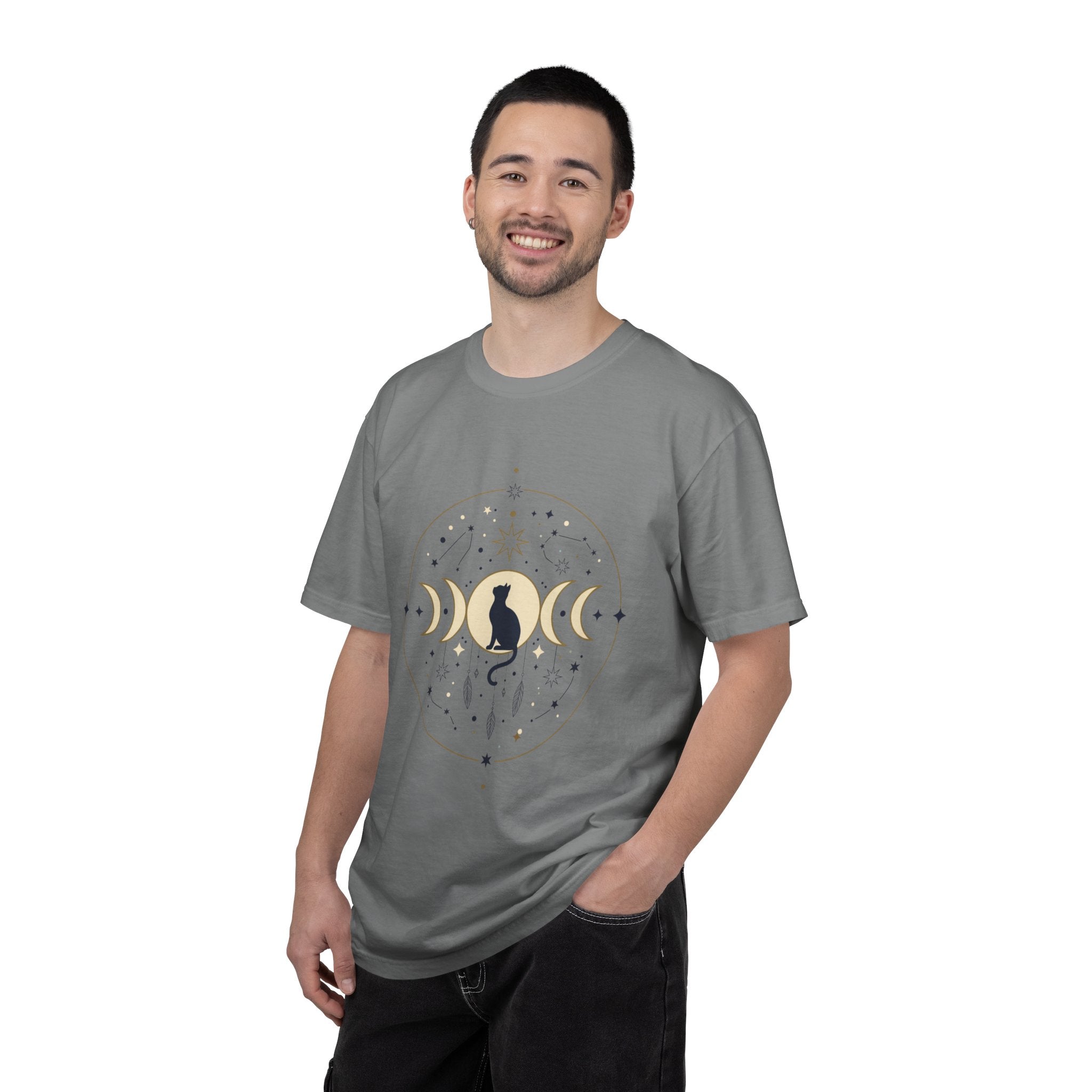 Celestial Cat Moon Phases T-Shirt — Gold & Black Cat Astronomy Tee