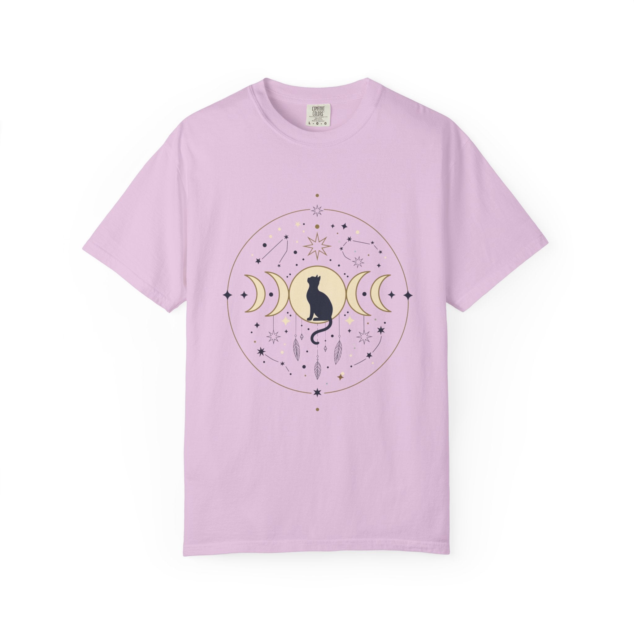 Celestial Cat Moon Phases T-Shirt — Gold & Black Cat Astronomy Tee
