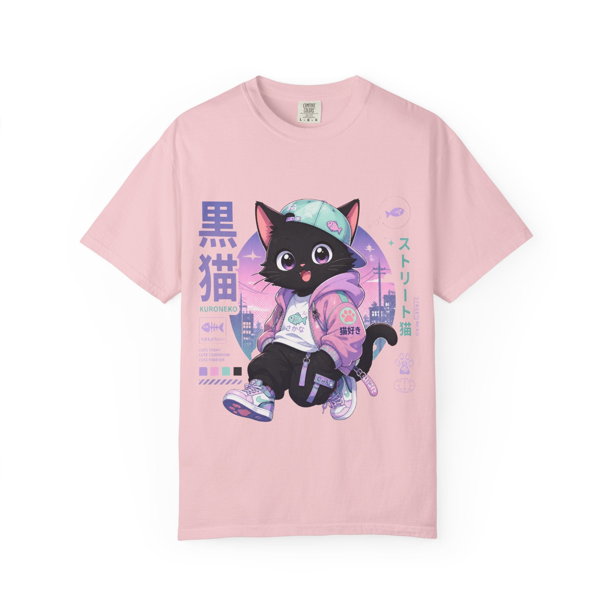 Chibi Black Cat Streetwear T-Shirt — Pastel Anime Cityscape (Kanji Accent)