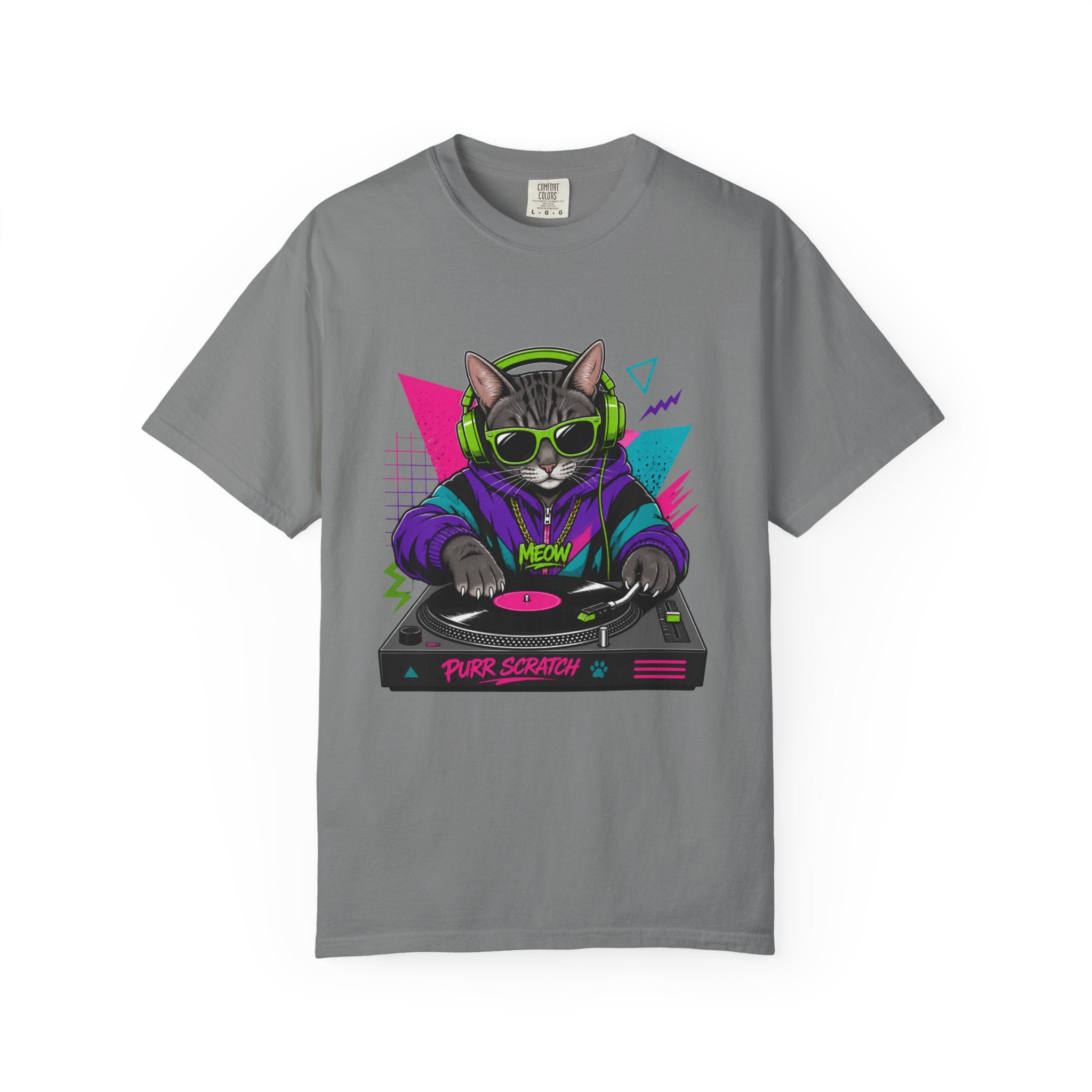Purr Scratch DJ Cat T-Shirt — Retro 90s Neon Vinyl Graphic Tee