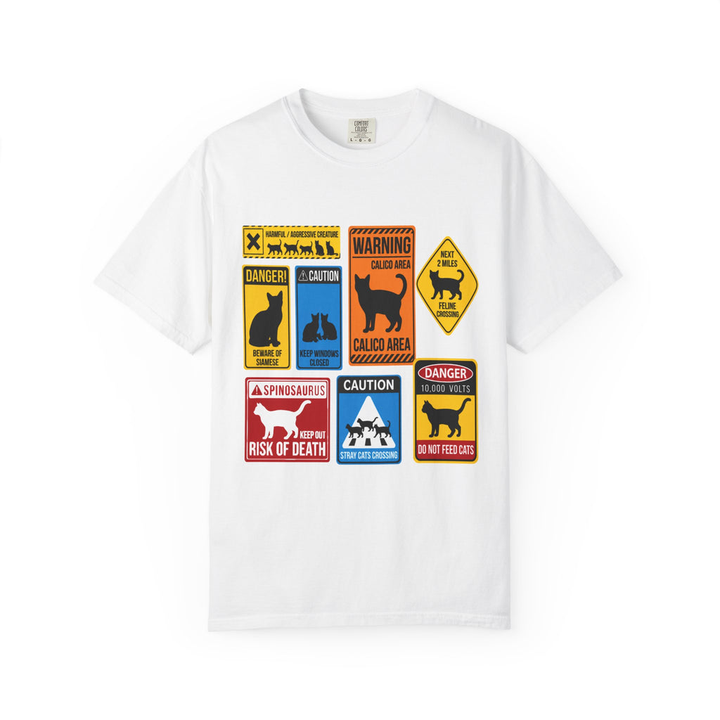 Cat Warning Signs Graphic T-Shirt — Humorous Multi-Panel Cat Hazard Tee