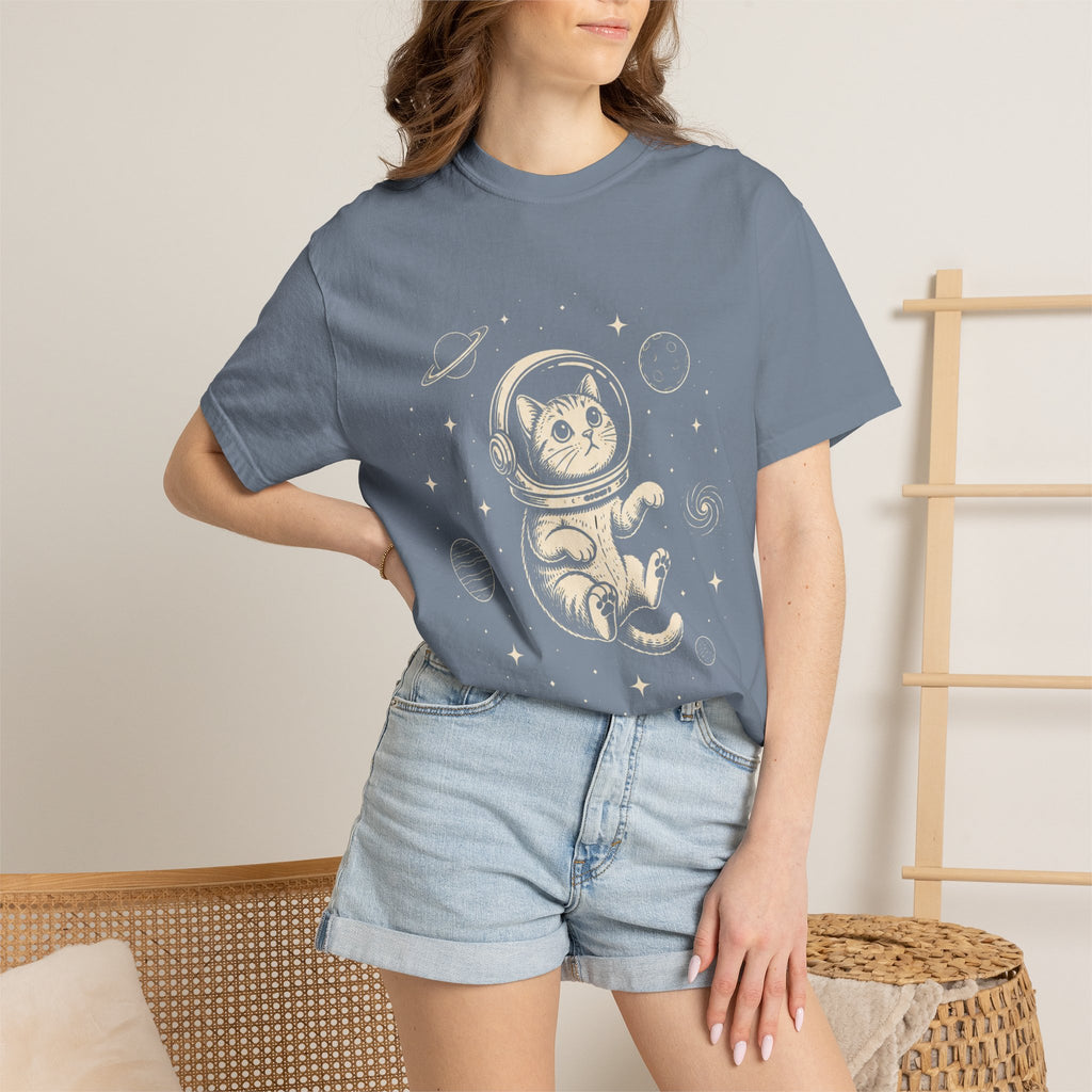 Tabby Astronaut Kitten T-Shirt — Whimsical Space Cat Line Art
