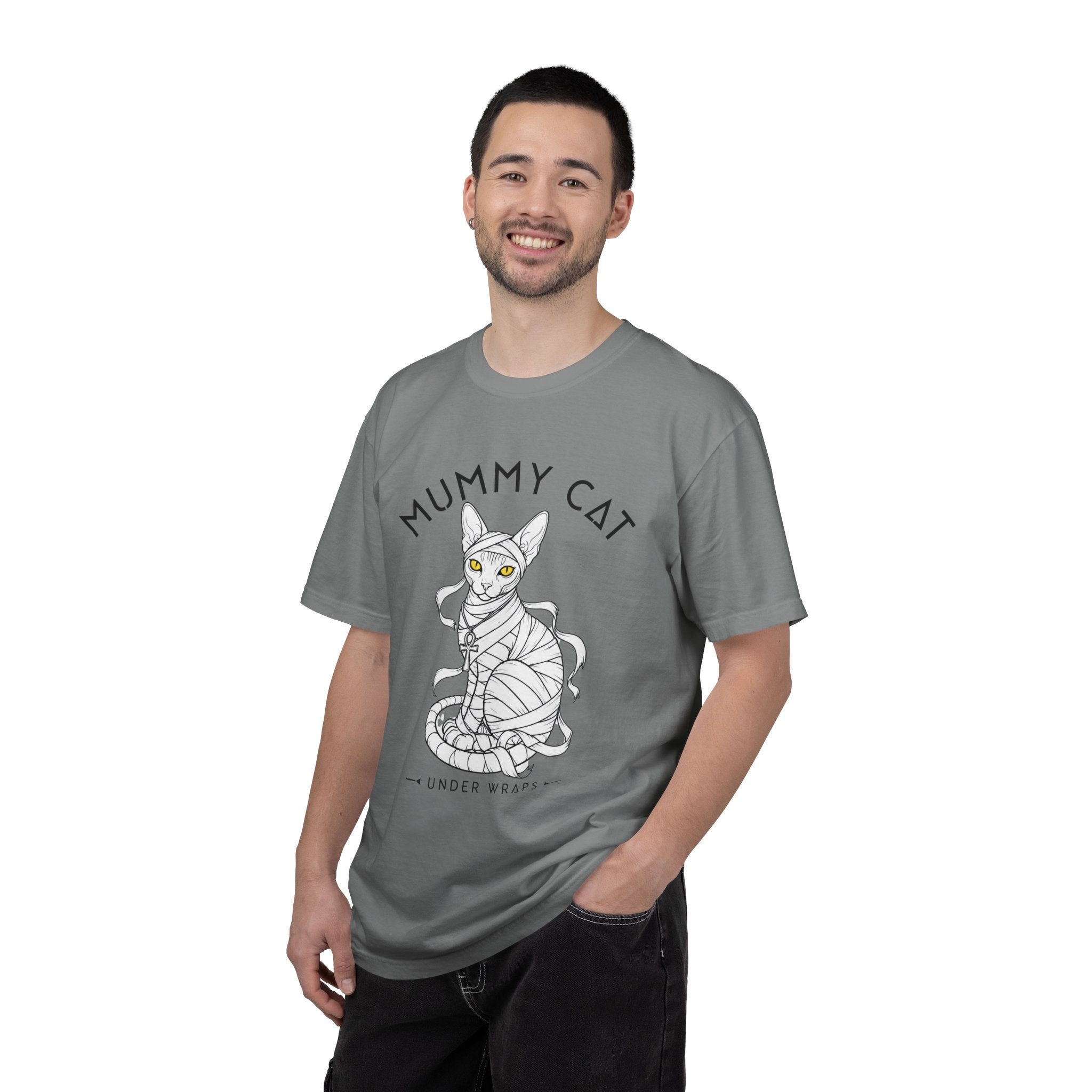 Mummy Cat T-Shirt — Sphynx Mummy Cat with Ankh, "UNDER WRAPS"