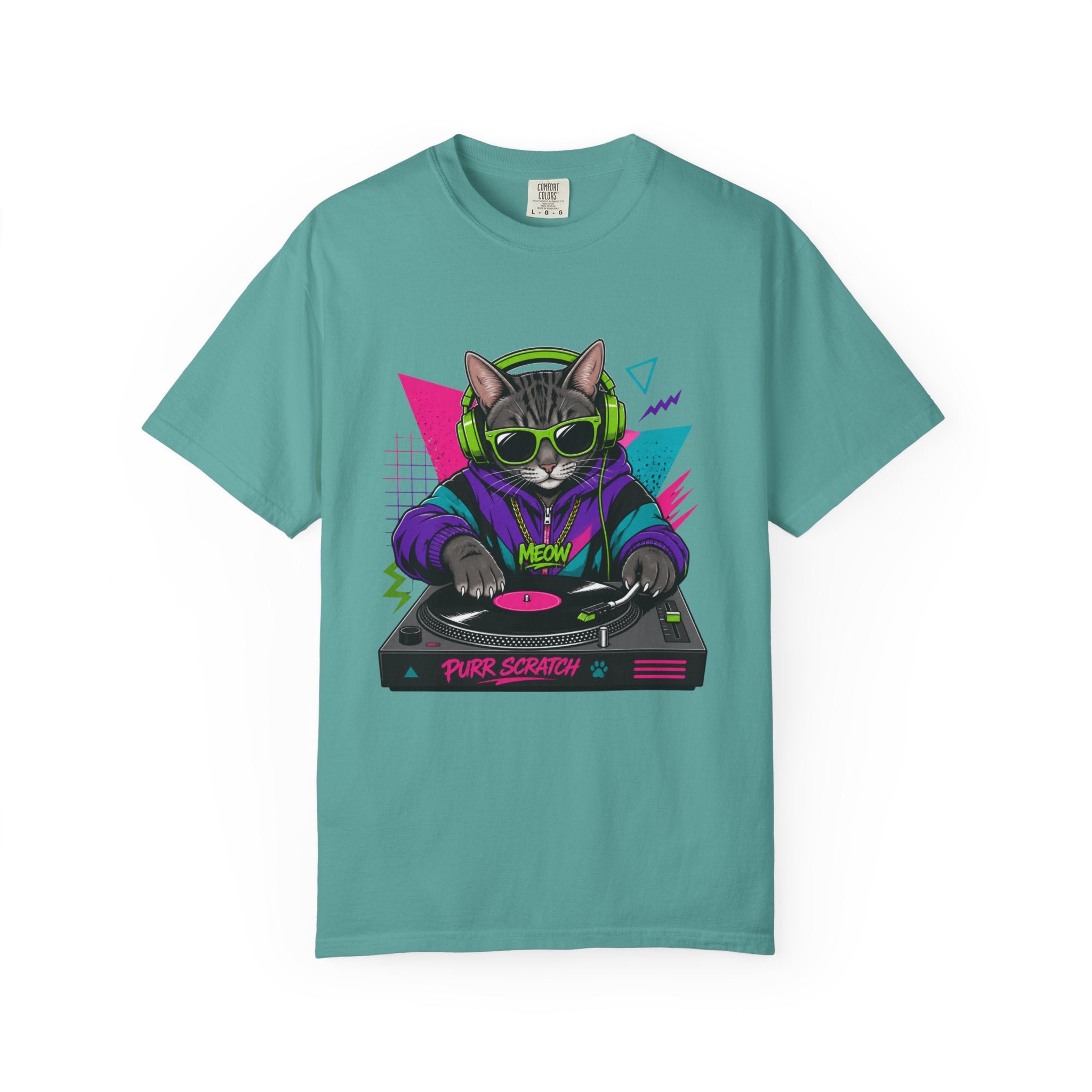 Purr Scratch DJ Cat T-Shirt — Retro 90s Neon Vinyl Graphic Tee