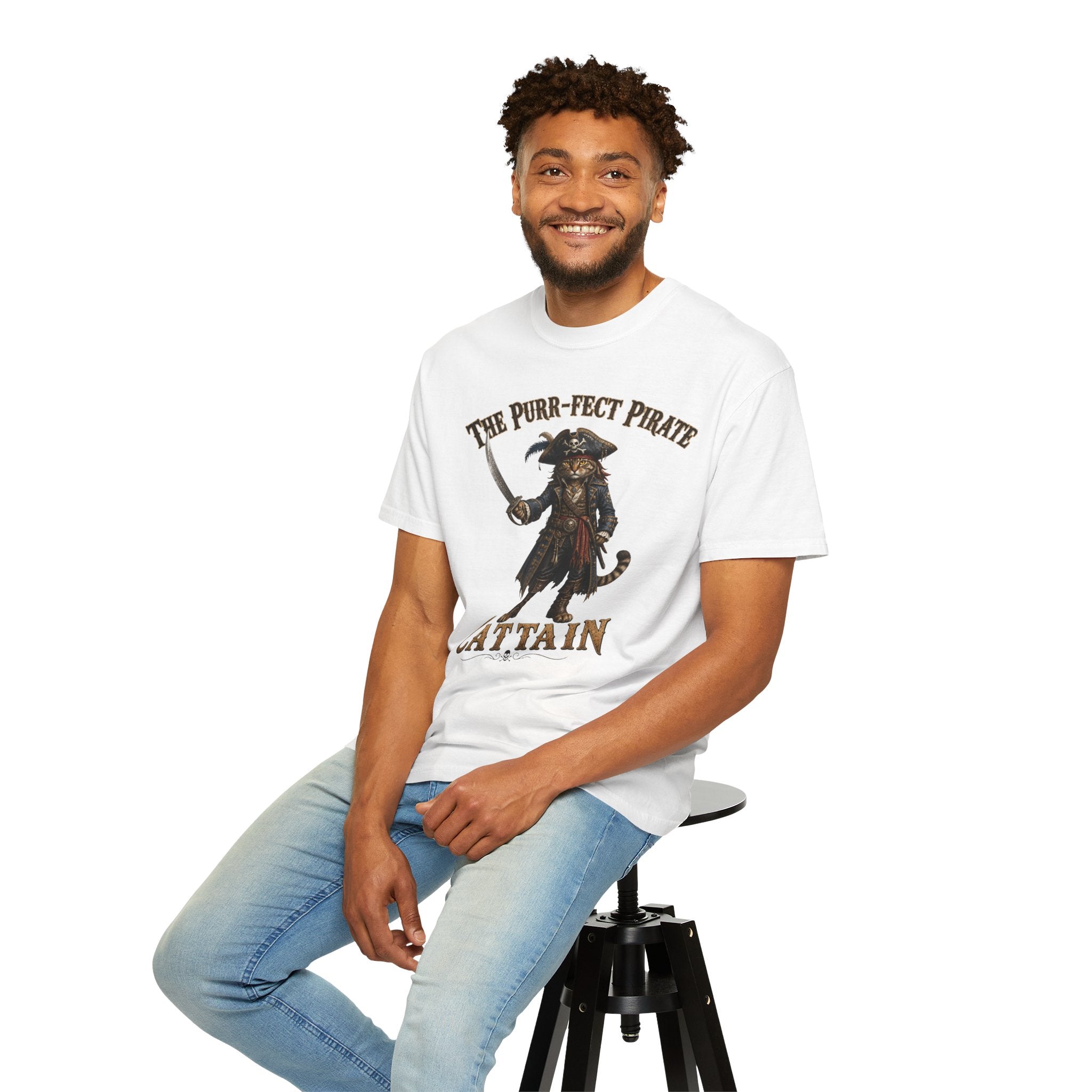 The Purr-fect Pirate Cattain T-Shirt — Tabby Cat Ship Captain Graphic