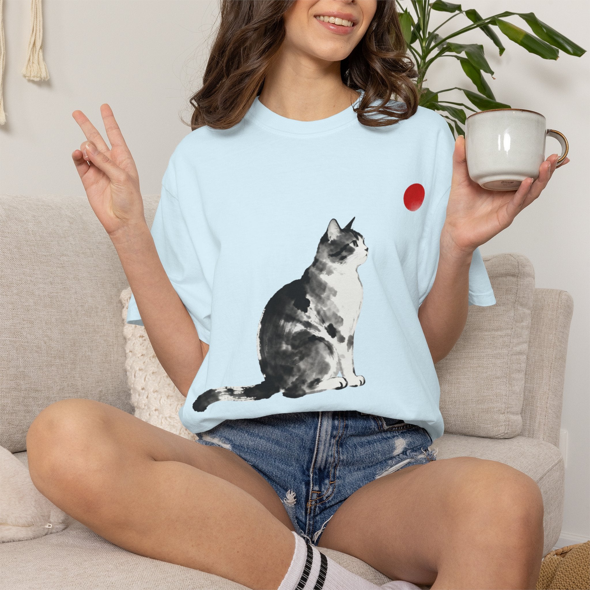Sumi-e Tabby Cat T-Shirt — Minimalist Japanese Ink Wash Design