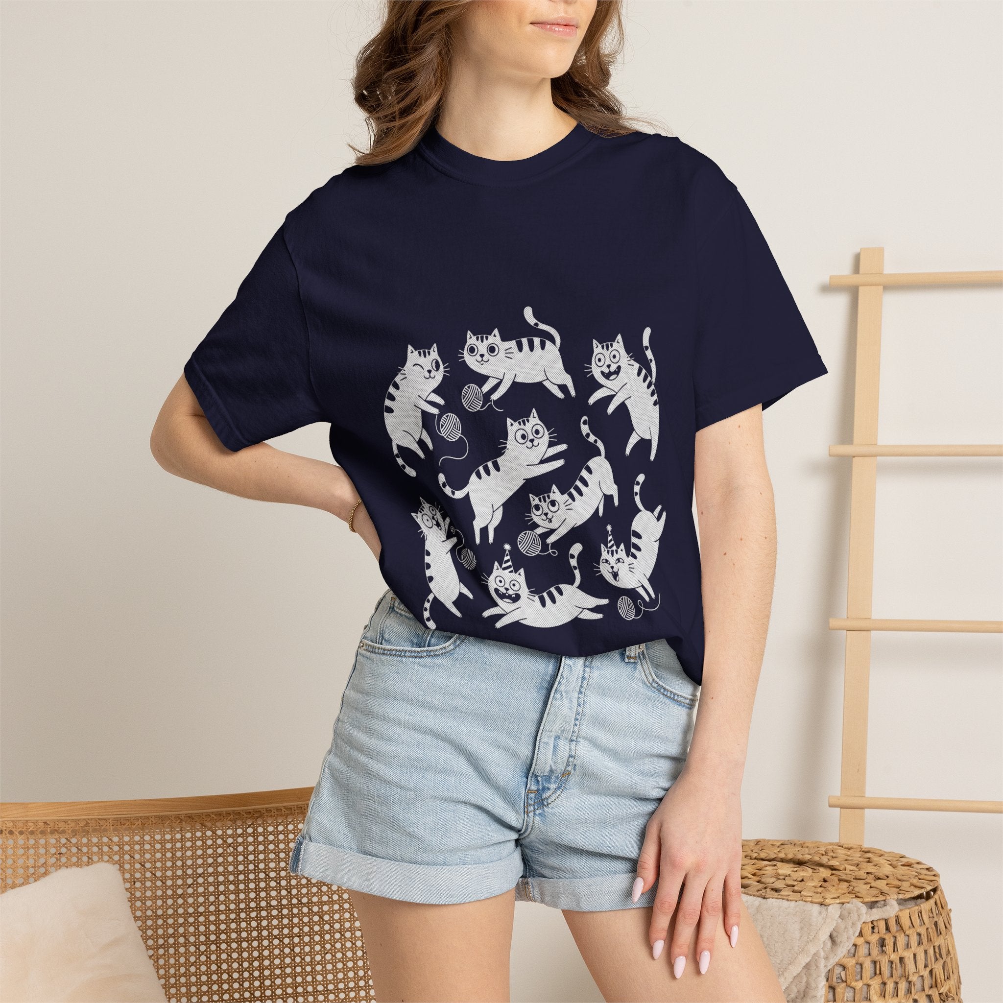 Cute White Tabby Cats Pattern T-Shirt — Playful Birthday Cats & Yarn