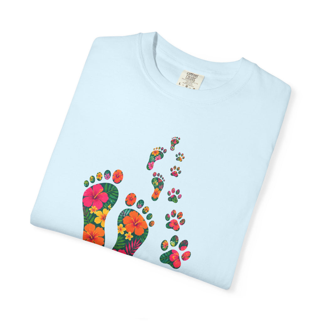 Never Walk Alone T-Shirt — Tropical Footprints & Paw Prints Graphic