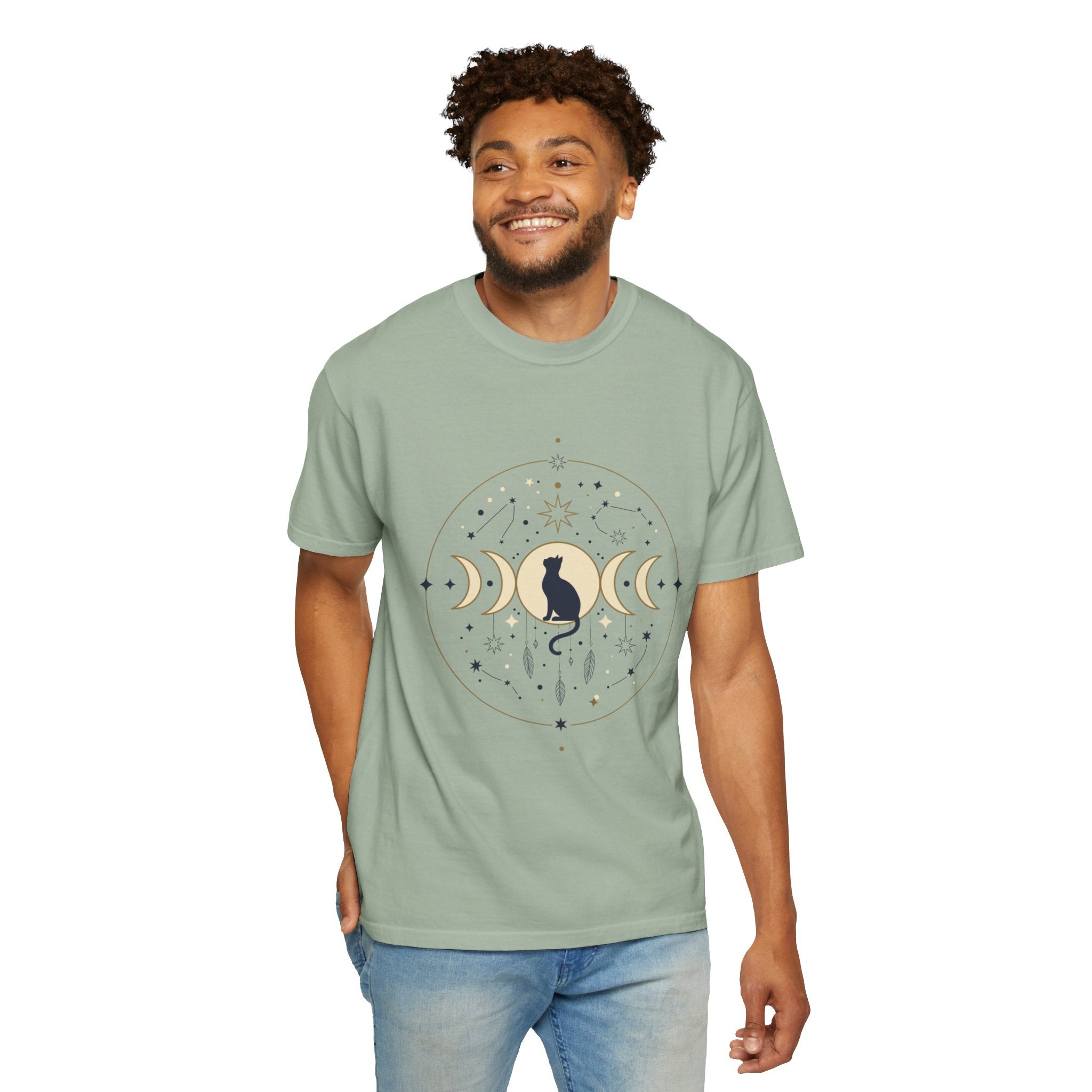 Celestial Cat Moon Phases T-Shirt — Gold & Black Cat Astronomy Tee