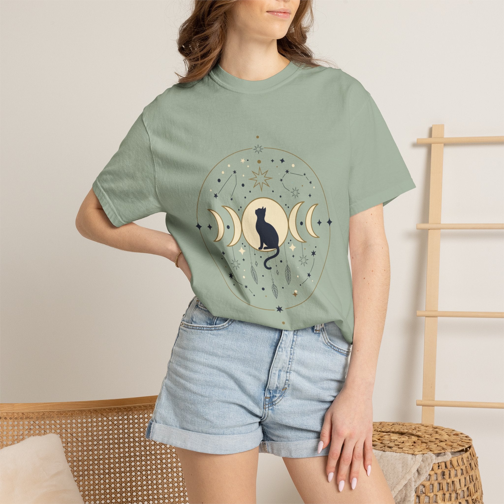 Celestial Cat Moon Phases T-Shirt — Gold & Black Cat Astronomy Tee