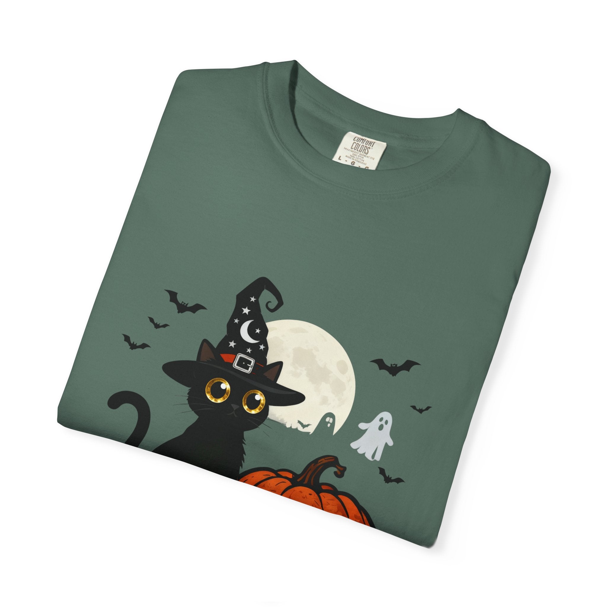 Halloween Black Cat T-Shirt — Cute Witch Hat Pumpkin Moon Design