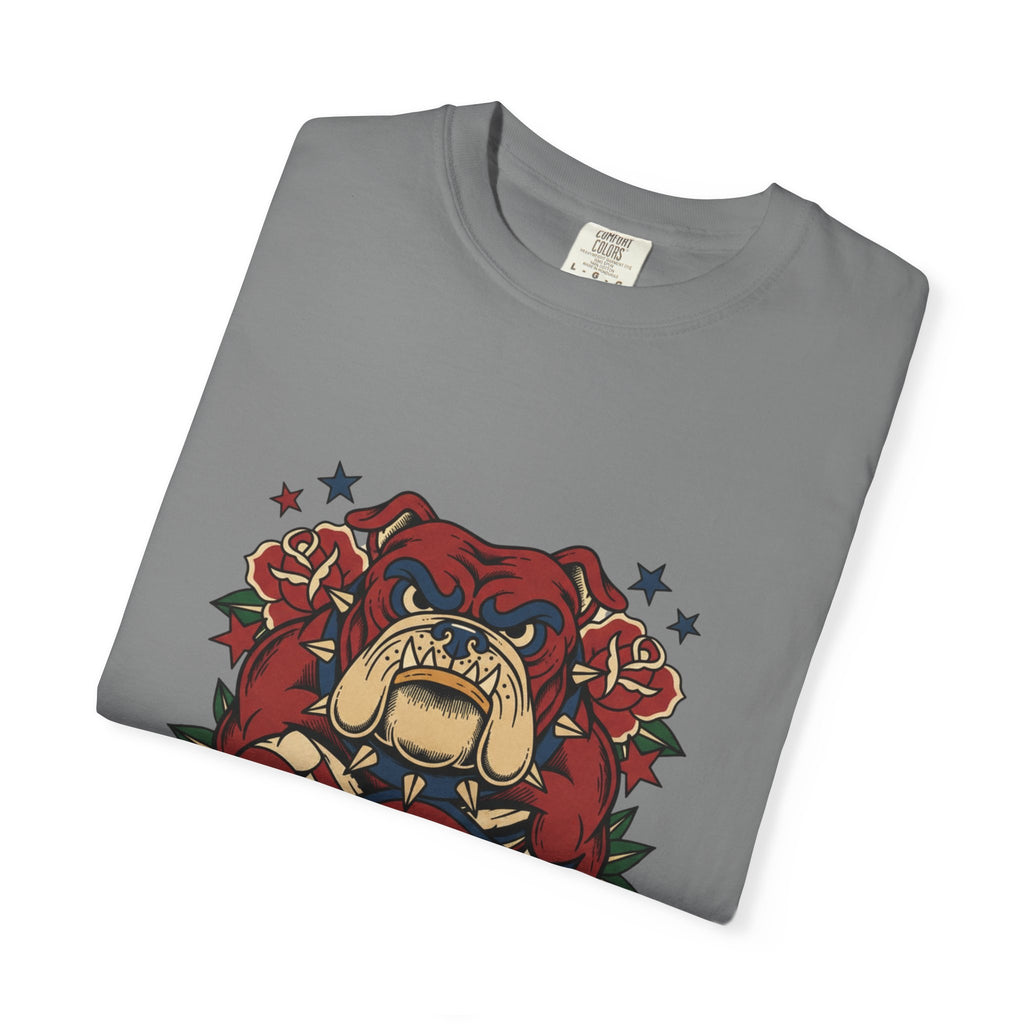 True Grit English Bulldog T-Shirt — Traditional Tattoo Rose Design