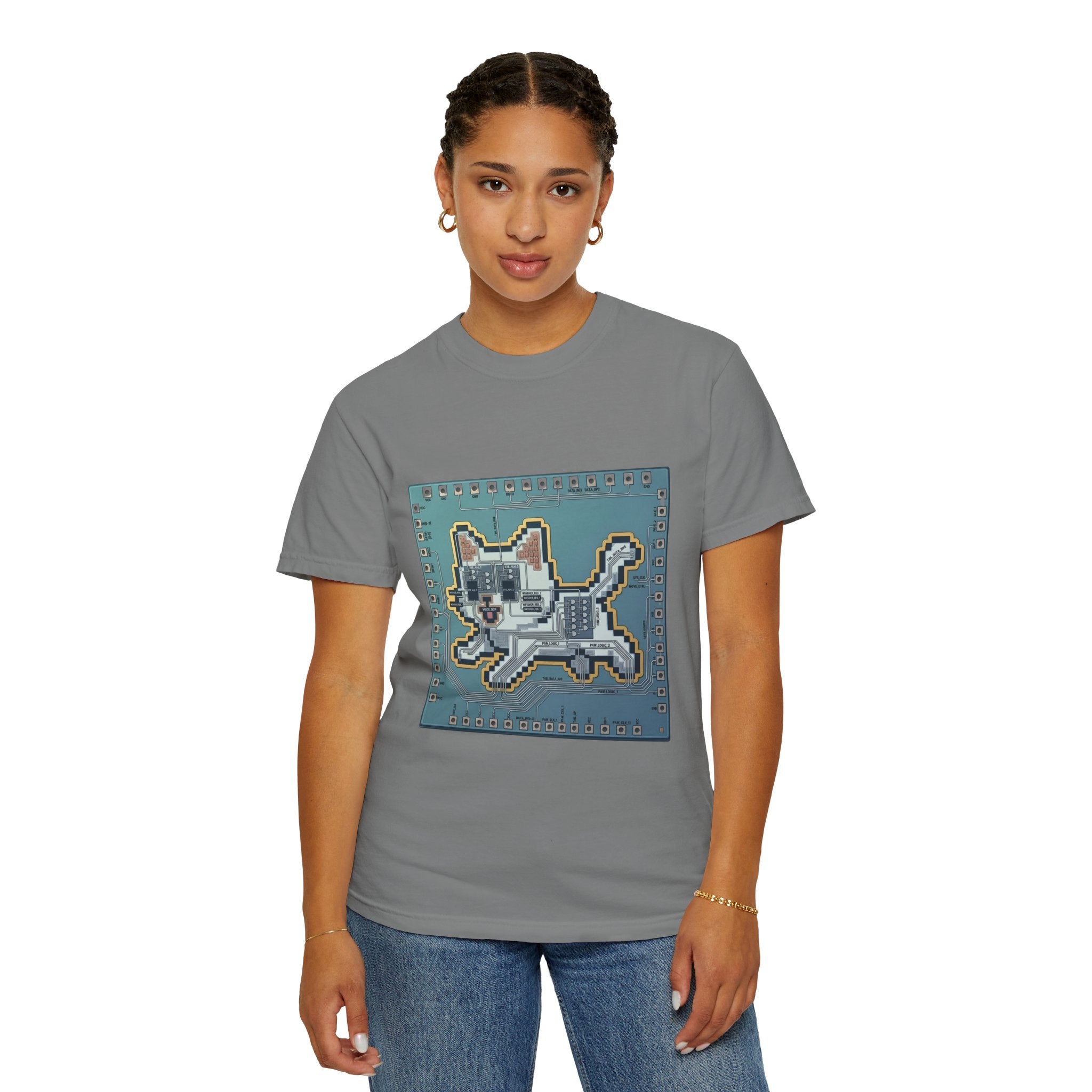 Microchip Cat Tech T-Shirt — Pixelated Processor Circuit Design