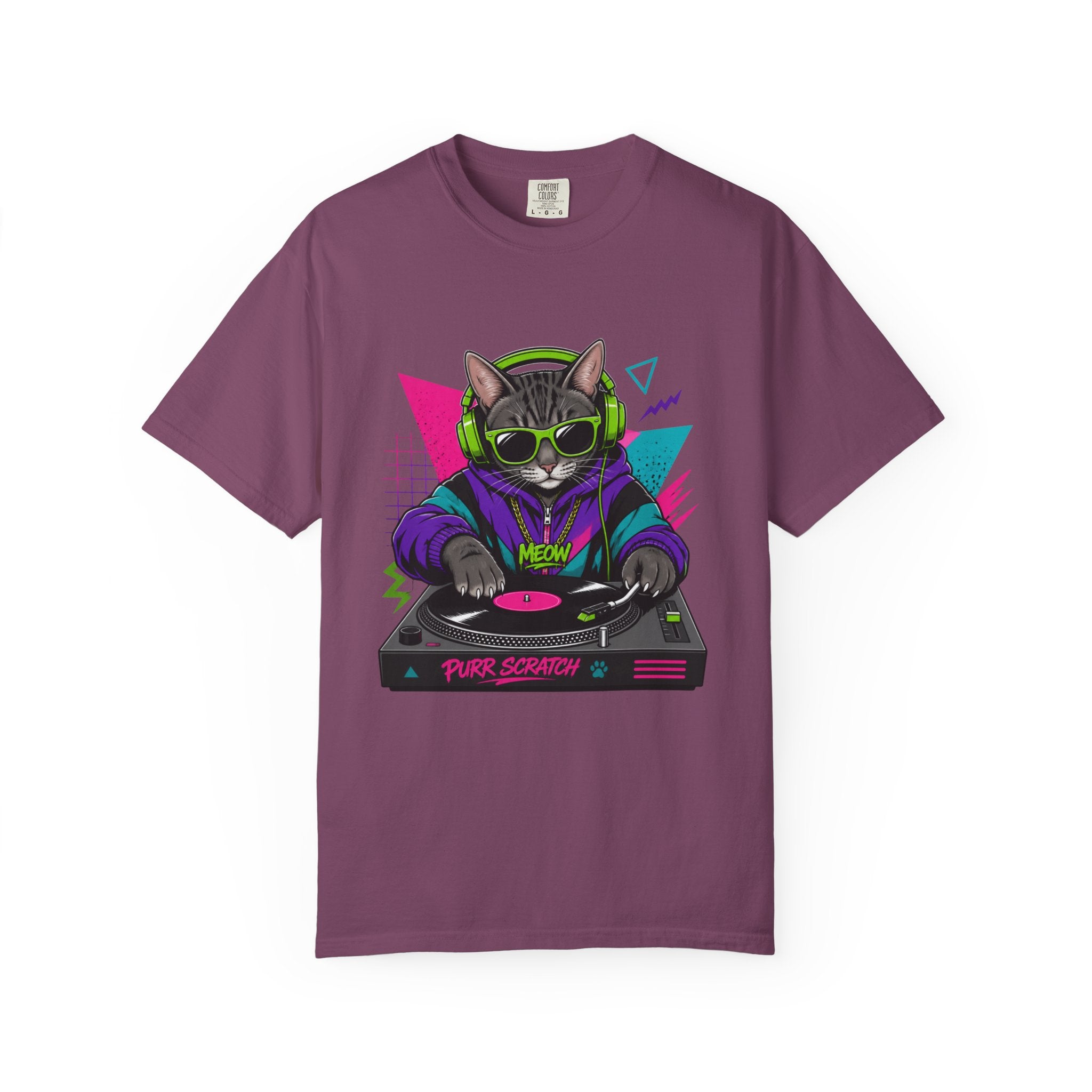 Purr Scratch DJ Cat T-Shirt — Retro 90s Neon Vinyl Graphic Tee