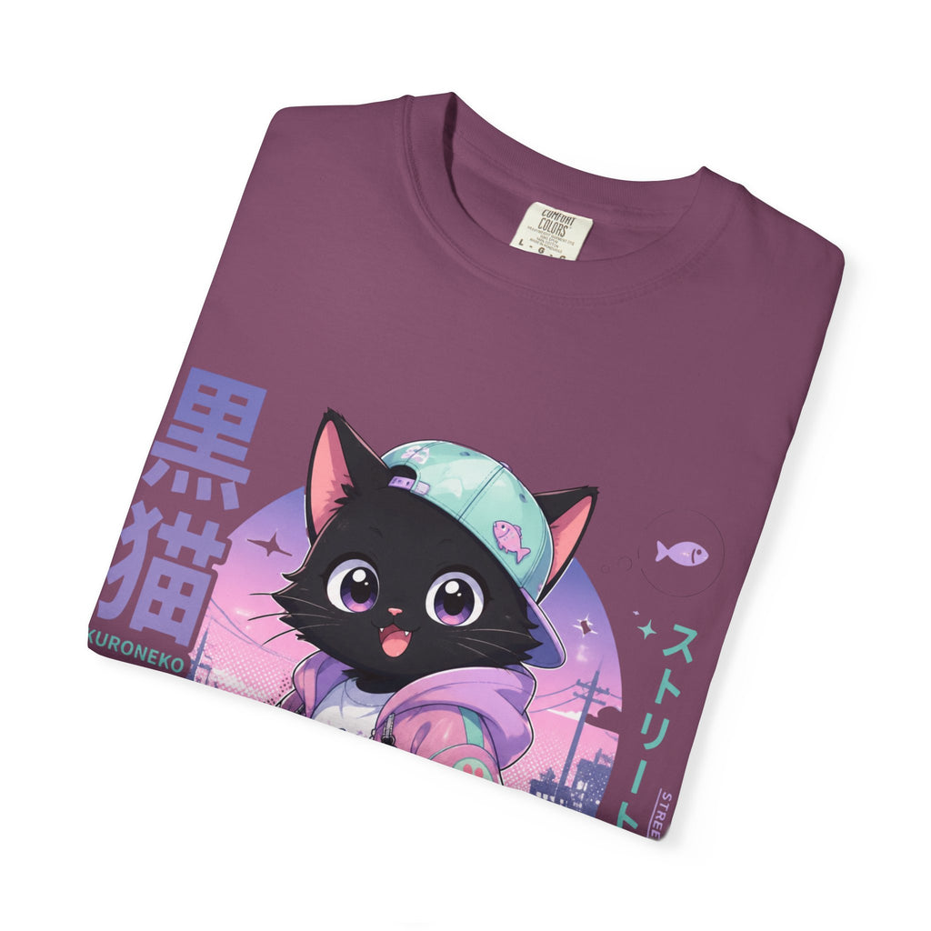 Chibi Black Cat Streetwear T-Shirt — Pastel Anime Cityscape (Kanji Accent)