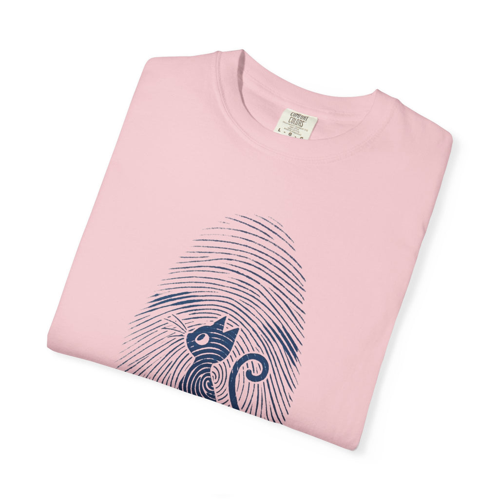 Fingerprint Cat T-Shirt — Minimal Denim Blue Graphic Tee