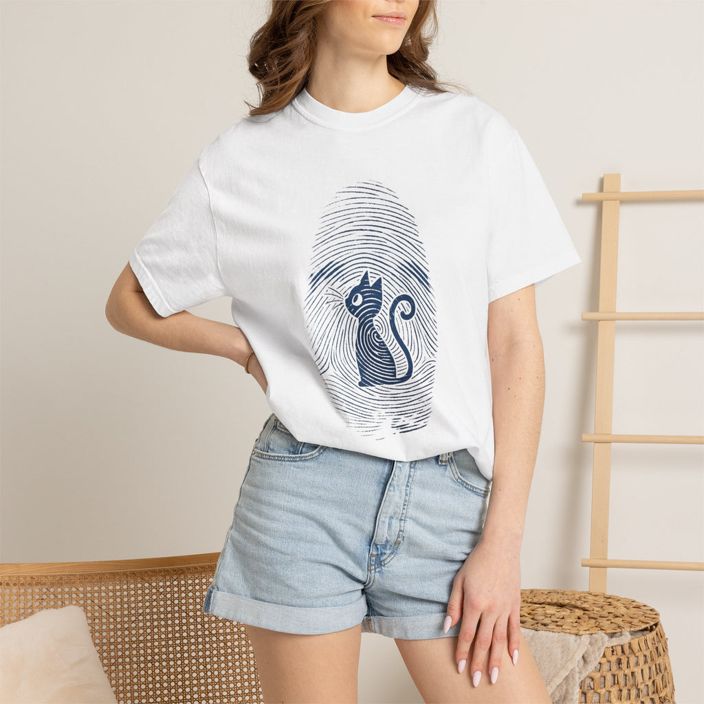 Fingerprint Cat T-Shirt — Minimal Denim Blue Graphic Tee