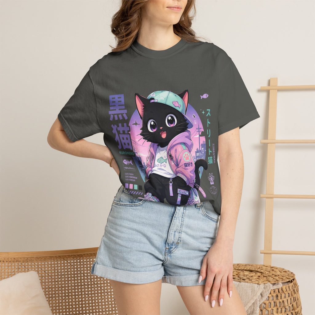 Chibi Black Cat Streetwear T-Shirt — Pastel Anime Cityscape (Kanji Accent)