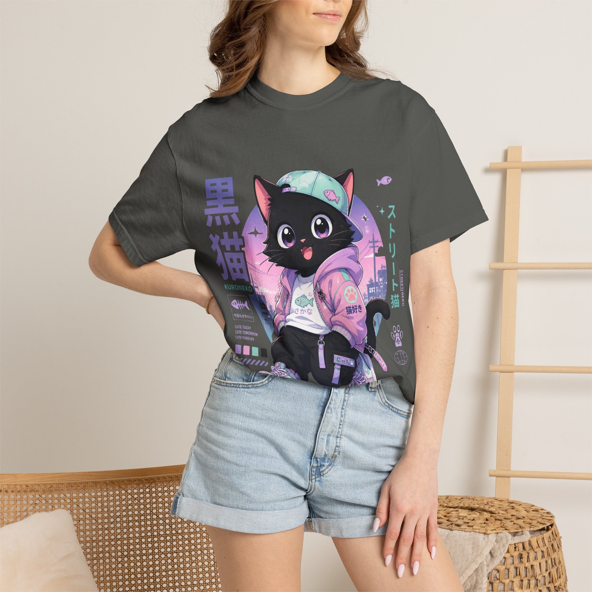 Chibi Black Cat Streetwear T-Shirt — Pastel Anime Cityscape (Kanji Accent)