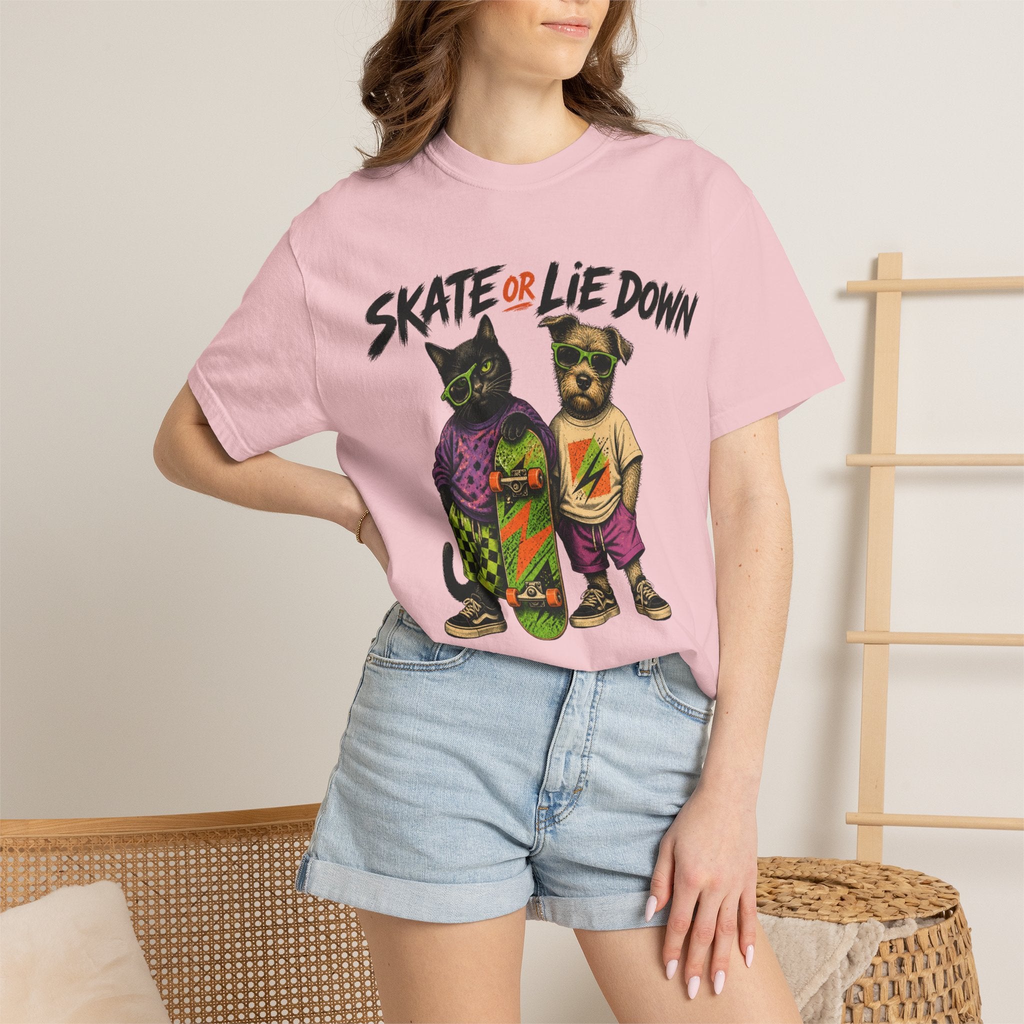 Skate or Lie Down T-Shirt — 90s Retro Skate Cat & Dog Graphic