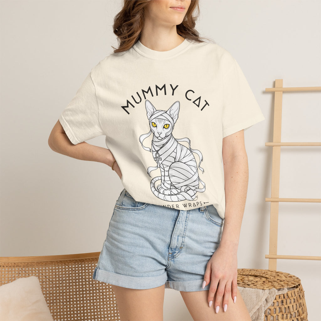Mummy Cat T-Shirt — Sphynx Mummy Cat with Ankh, "UNDER WRAPS"