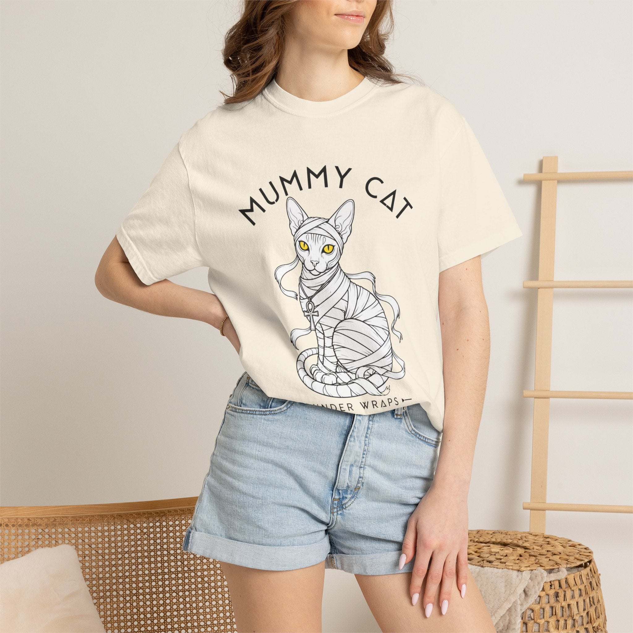 Mummy Cat T-Shirt — Sphynx Mummy Cat with Ankh, "UNDER WRAPS"