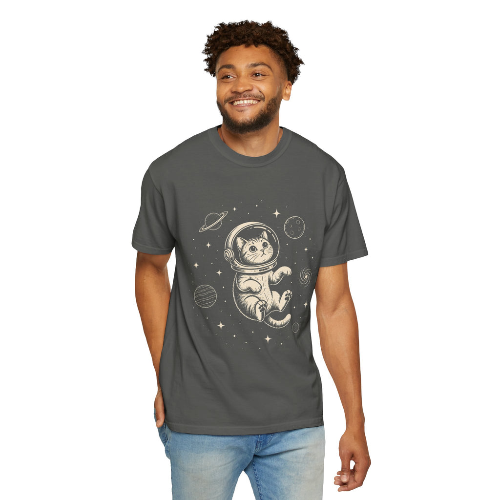 Tabby Astronaut Kitten T-Shirt — Whimsical Space Cat Line Art