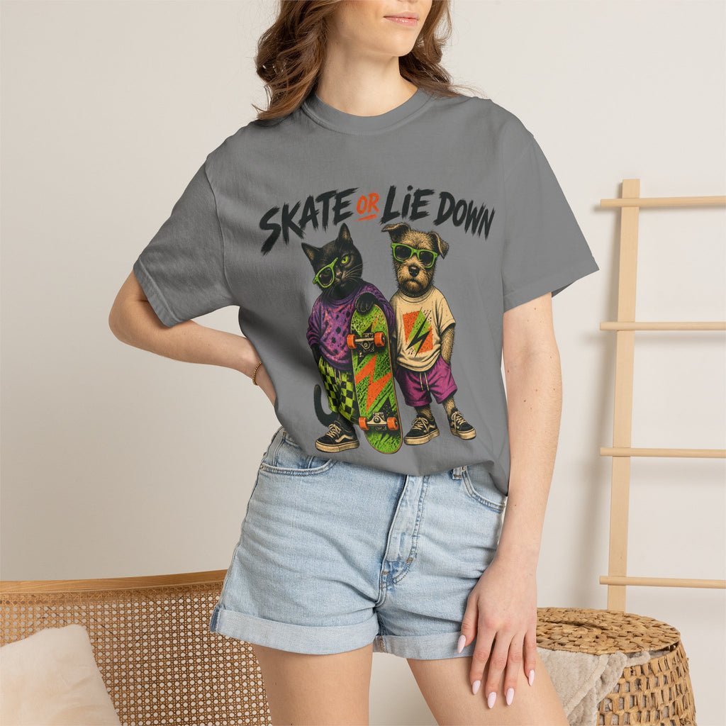 Skate or Lie Down T-Shirt — 90s Retro Skate Cat & Dog Graphic