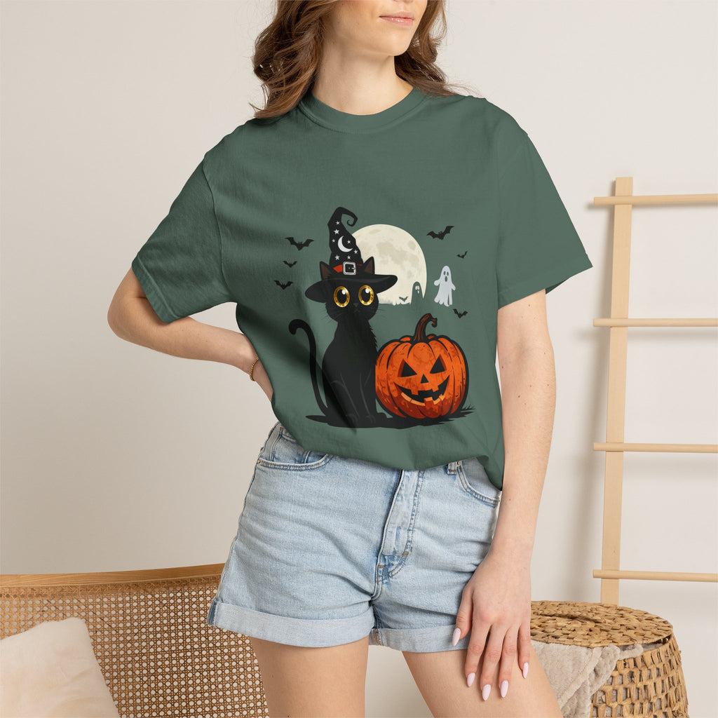 Halloween Black Cat T-Shirt — Cute Witch Hat Pumpkin Moon Design