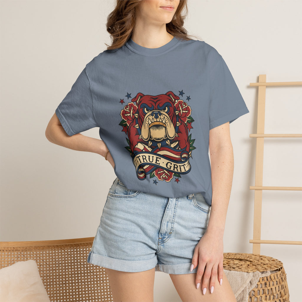True Grit English Bulldog T-Shirt — Traditional Tattoo Rose Design