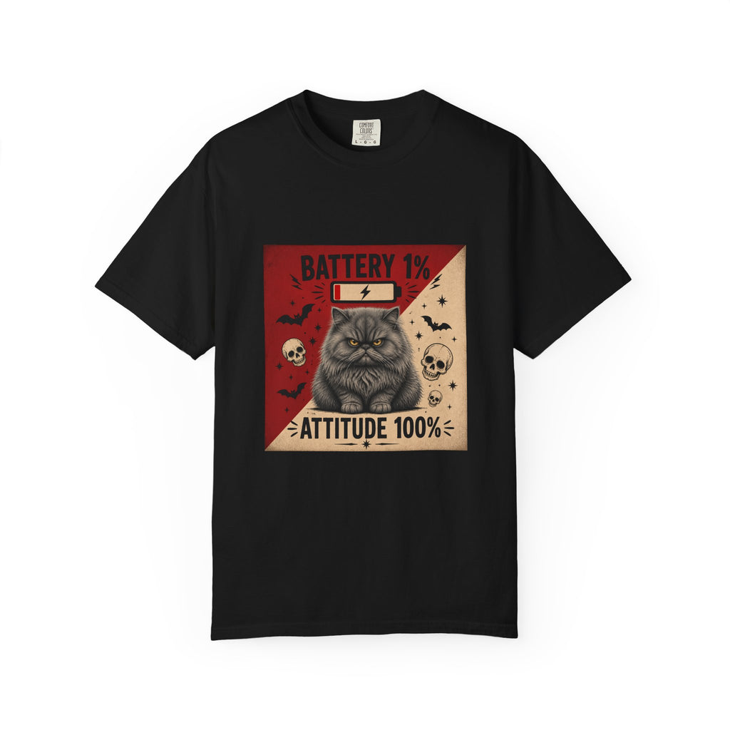 Angry Persian Cat T-Shirt — "Battery 1% / Attitude 100%" Spooky Vintage Graphic