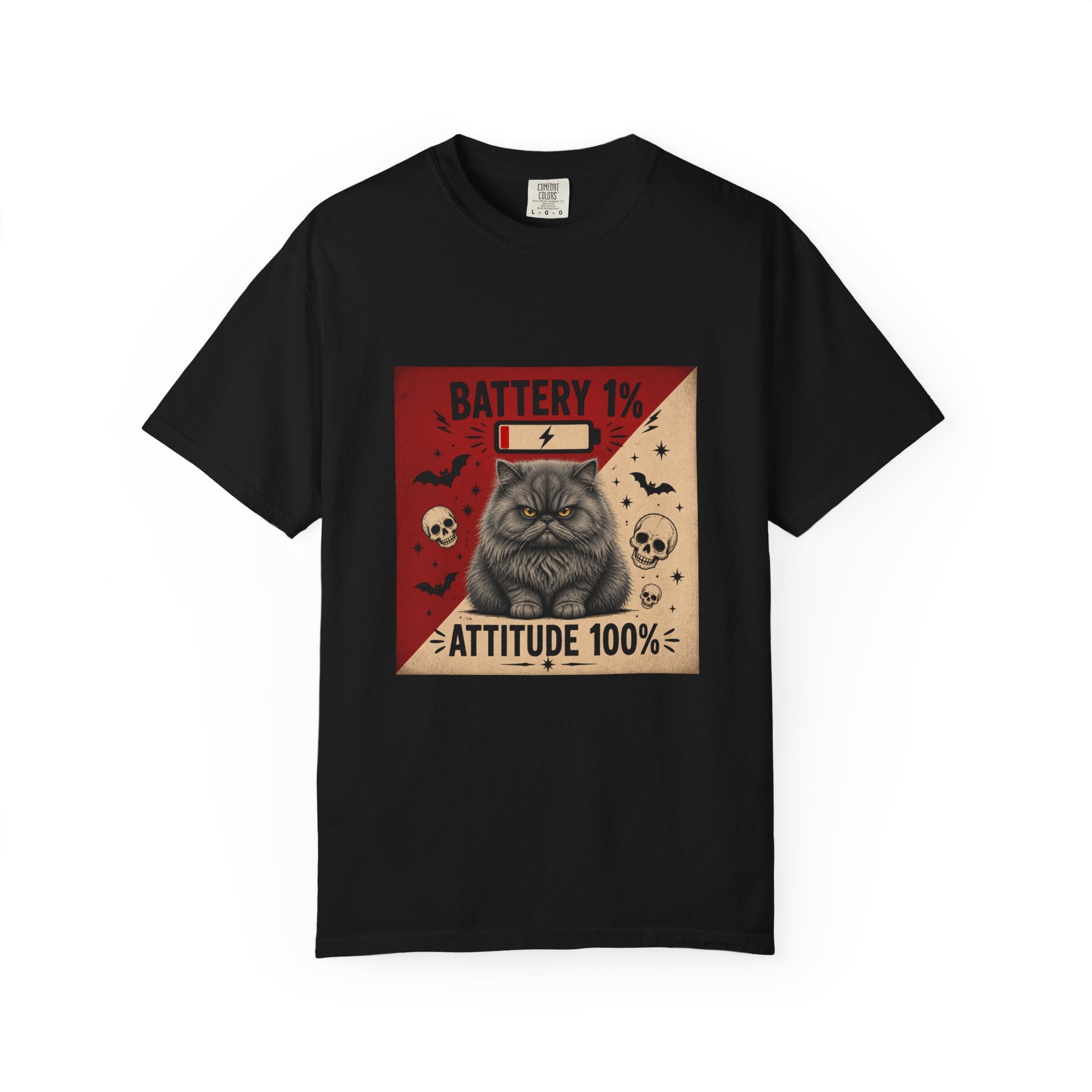 Angry Persian Cat T-Shirt — "Battery 1% / Attitude 100%" Spooky Vintage Graphic