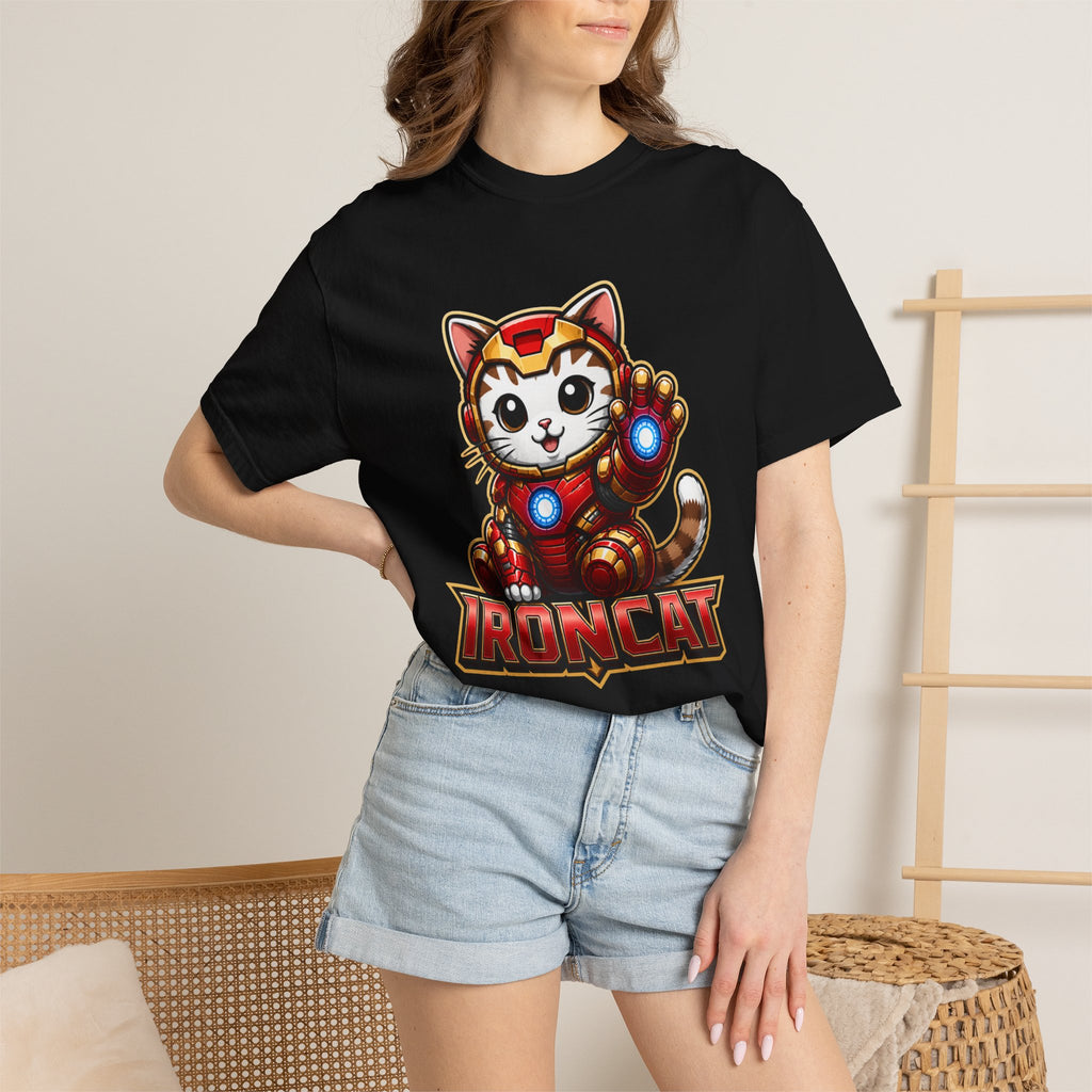 IRONCAT Tabby Kitten Graphic T-Shirt — Cute Chibi Superhero Tee