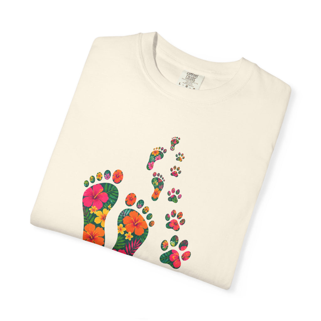 Never Walk Alone T-Shirt — Tropical Footprints & Paw Prints Graphic