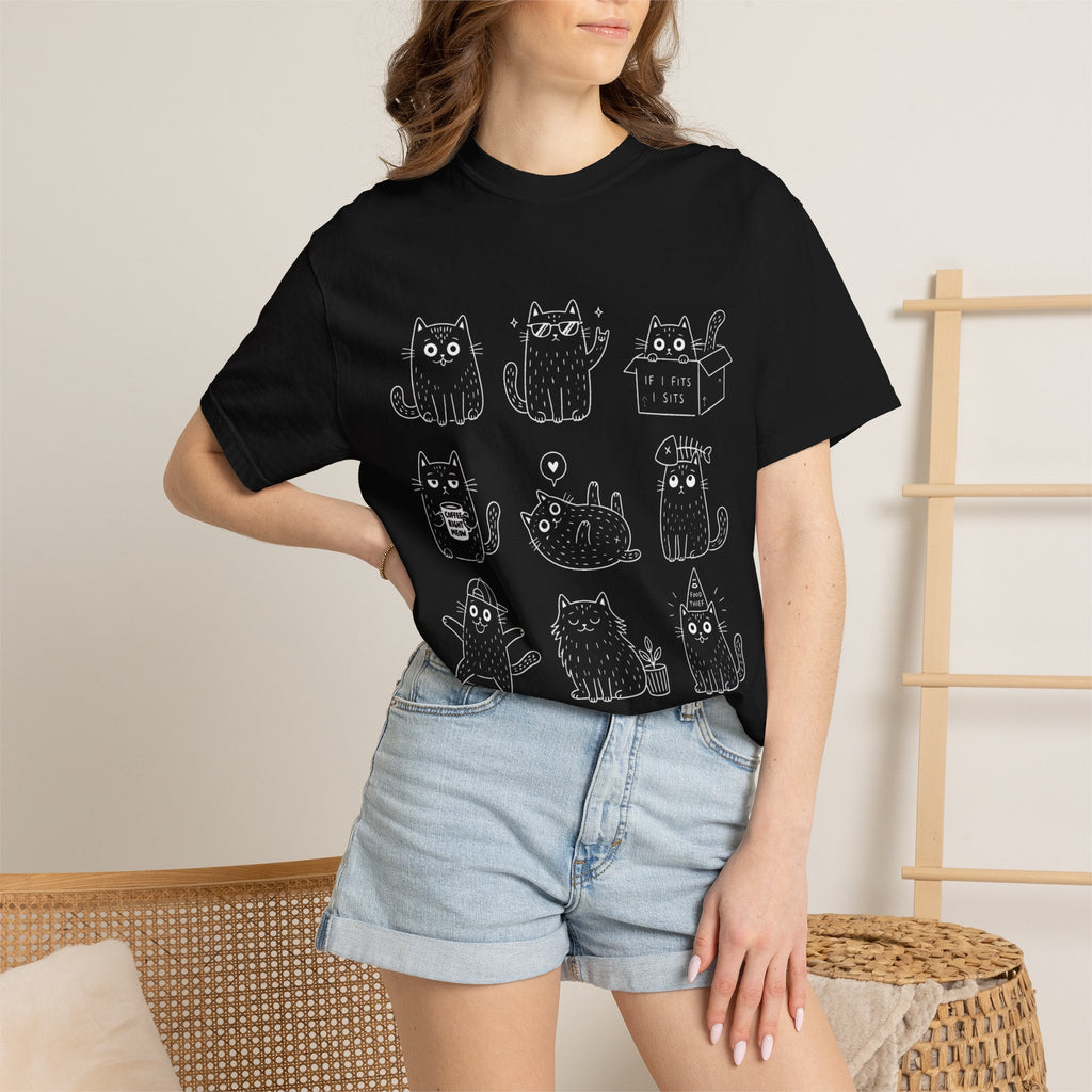 Cute Cats 3x3 Line Art T-Shirt — Funny Cat Doodles ("IF I FITS I SITS", "COFFEE RIGHT MEOW")