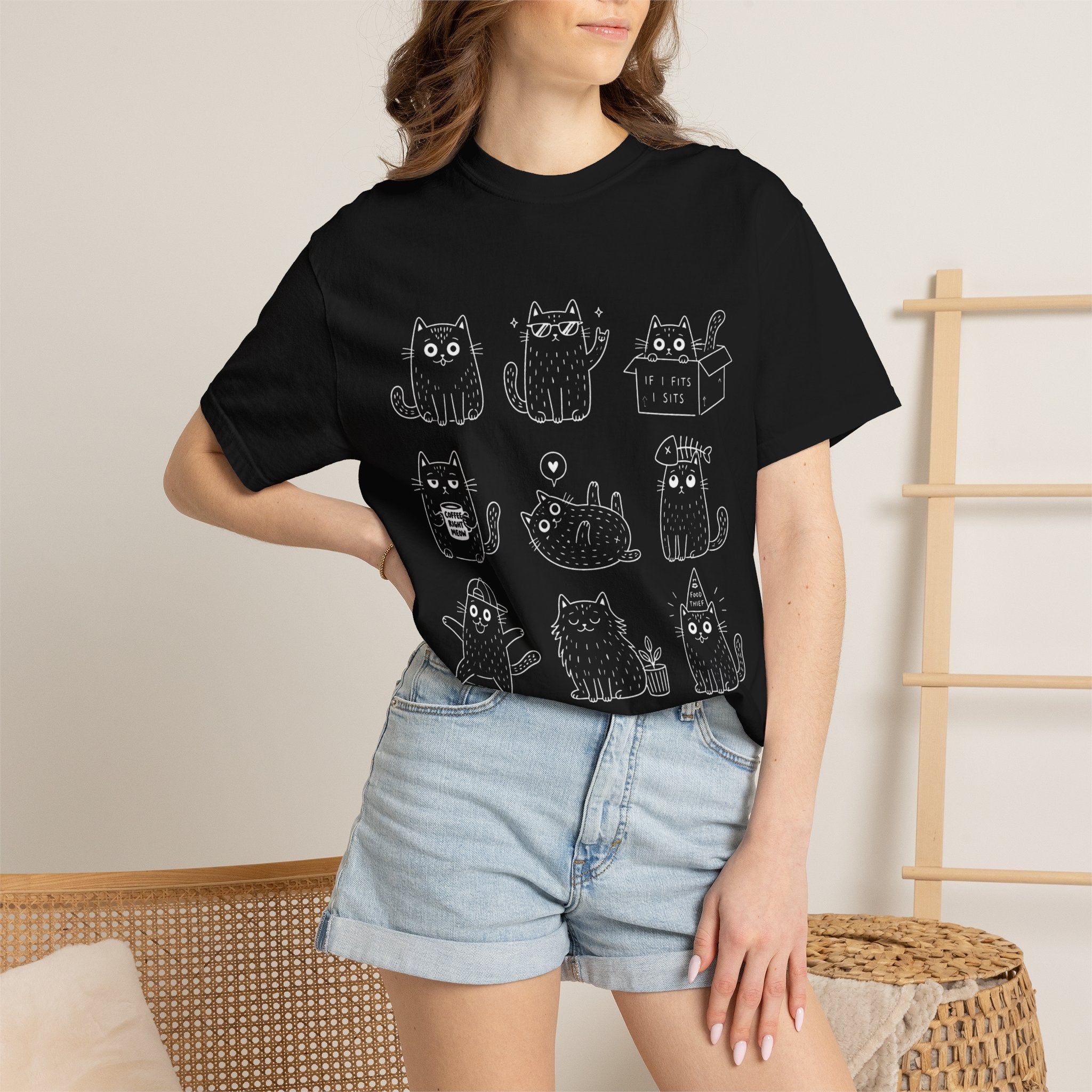 Cute Cats 3x3 Line Art T-Shirt — Funny Cat Doodles ("IF I FITS I SITS", "COFFEE RIGHT MEOW")