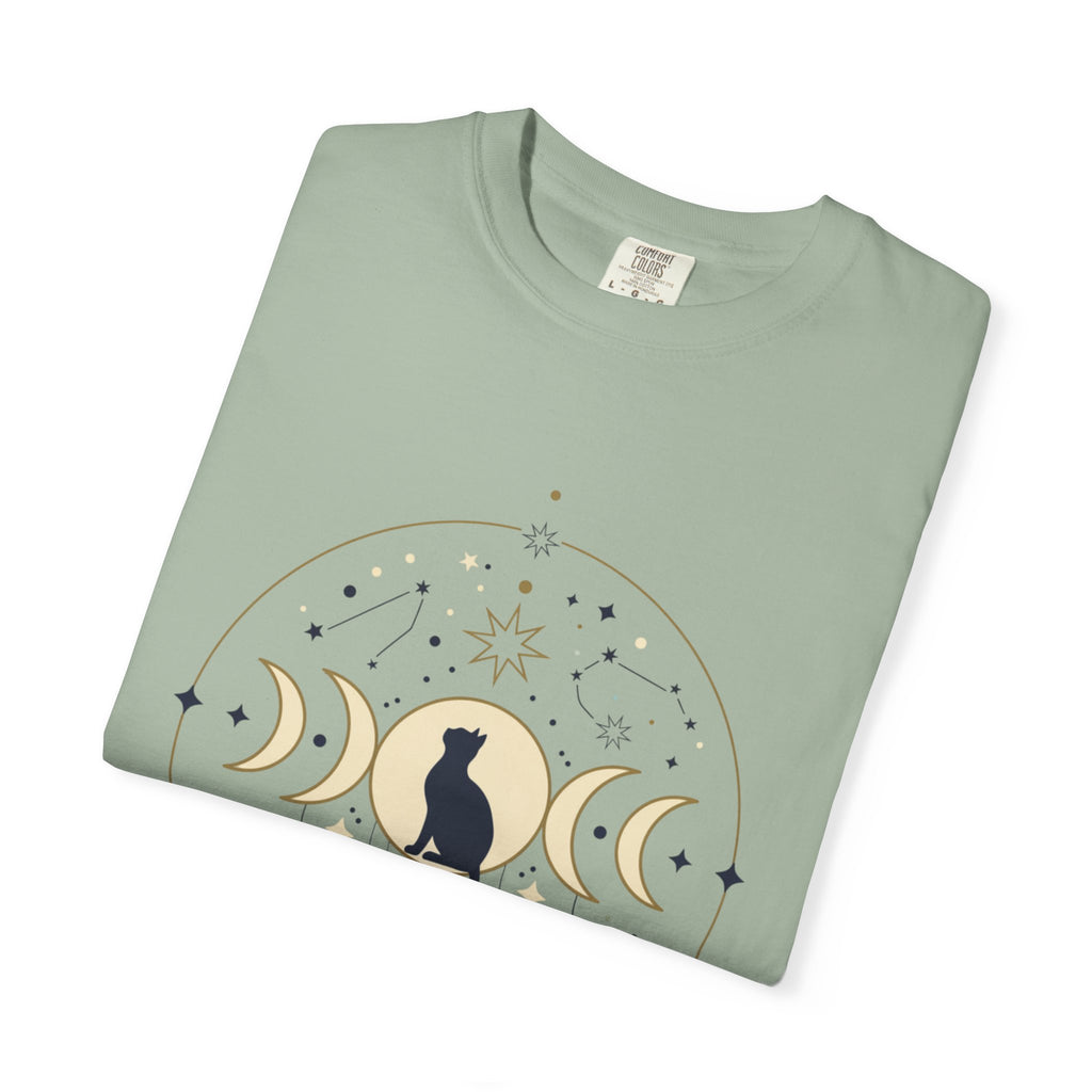Celestial Cat Moon Phases T-Shirt — Gold & Black Cat Astronomy Tee