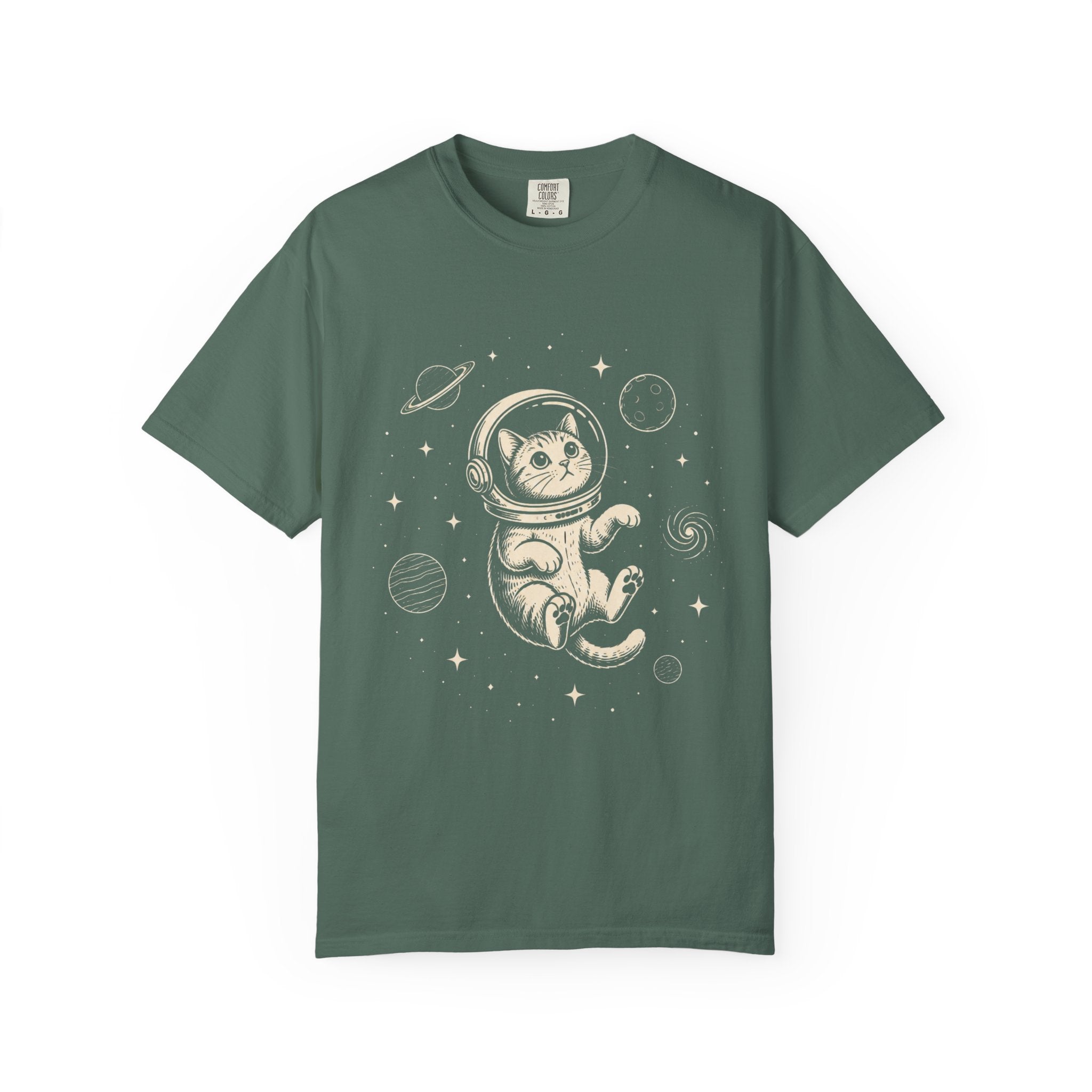 Tabby Astronaut Kitten T-Shirt — Whimsical Space Cat Line Art