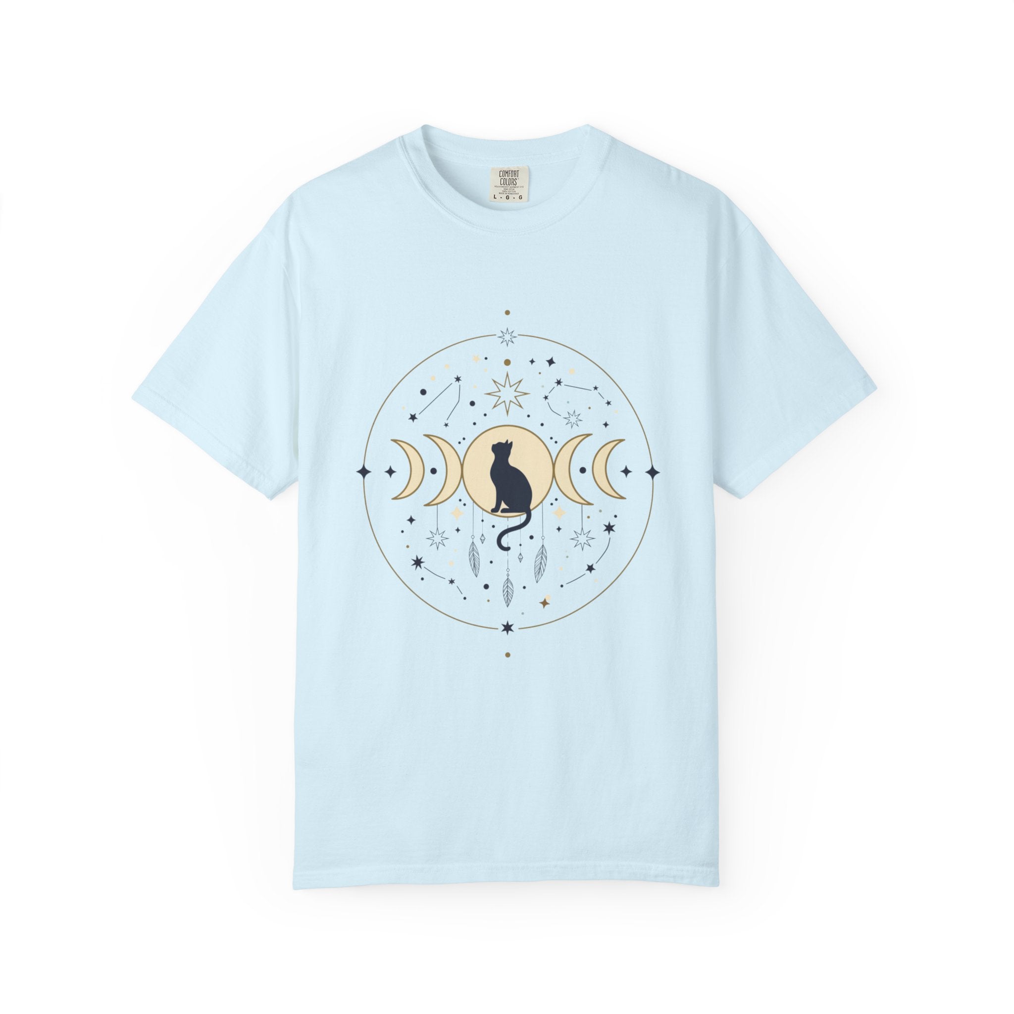Celestial Cat Moon Phases T-Shirt — Gold & Black Cat Astronomy Tee