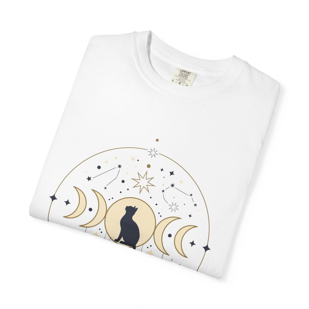 Celestial Cat Moon Phases T-Shirt — Gold & Black Cat Astronomy Tee