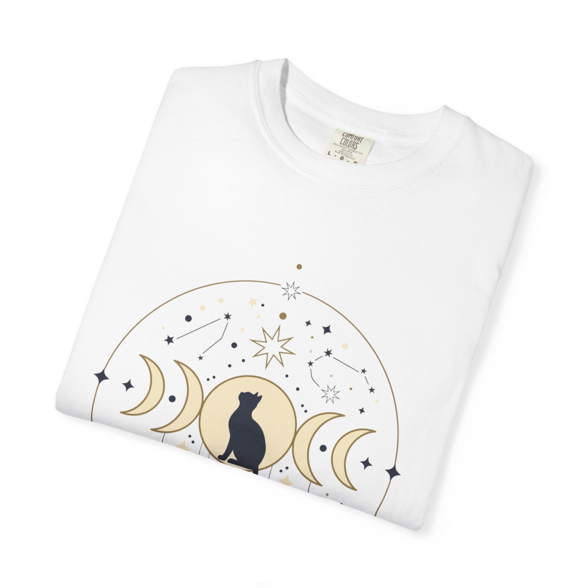 Celestial Cat Moon Phases T-Shirt — Gold & Black Cat Astronomy Tee