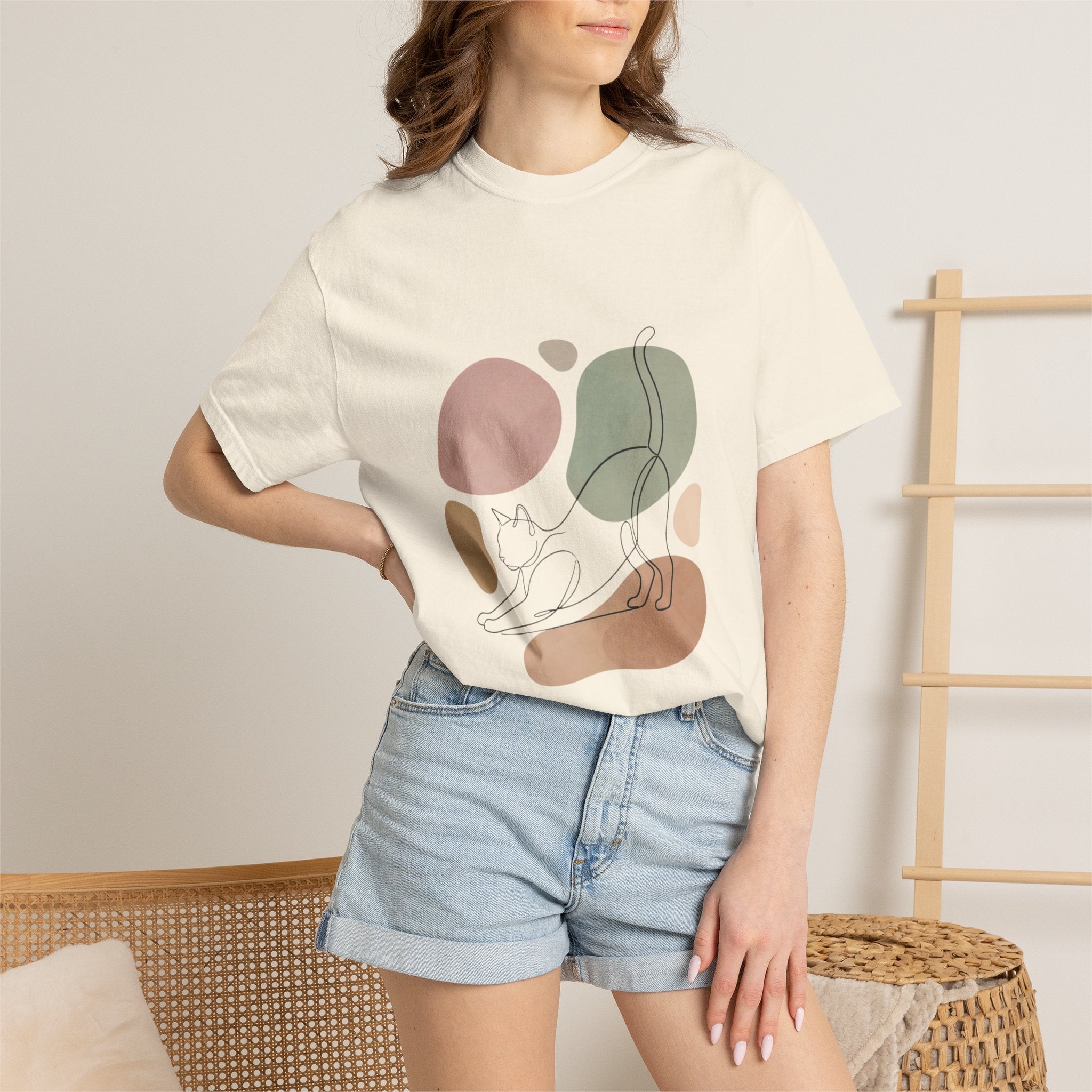 Cat Stretch Line Art T-Shirt — Minimal Boho Scandinavian Pet Graphic